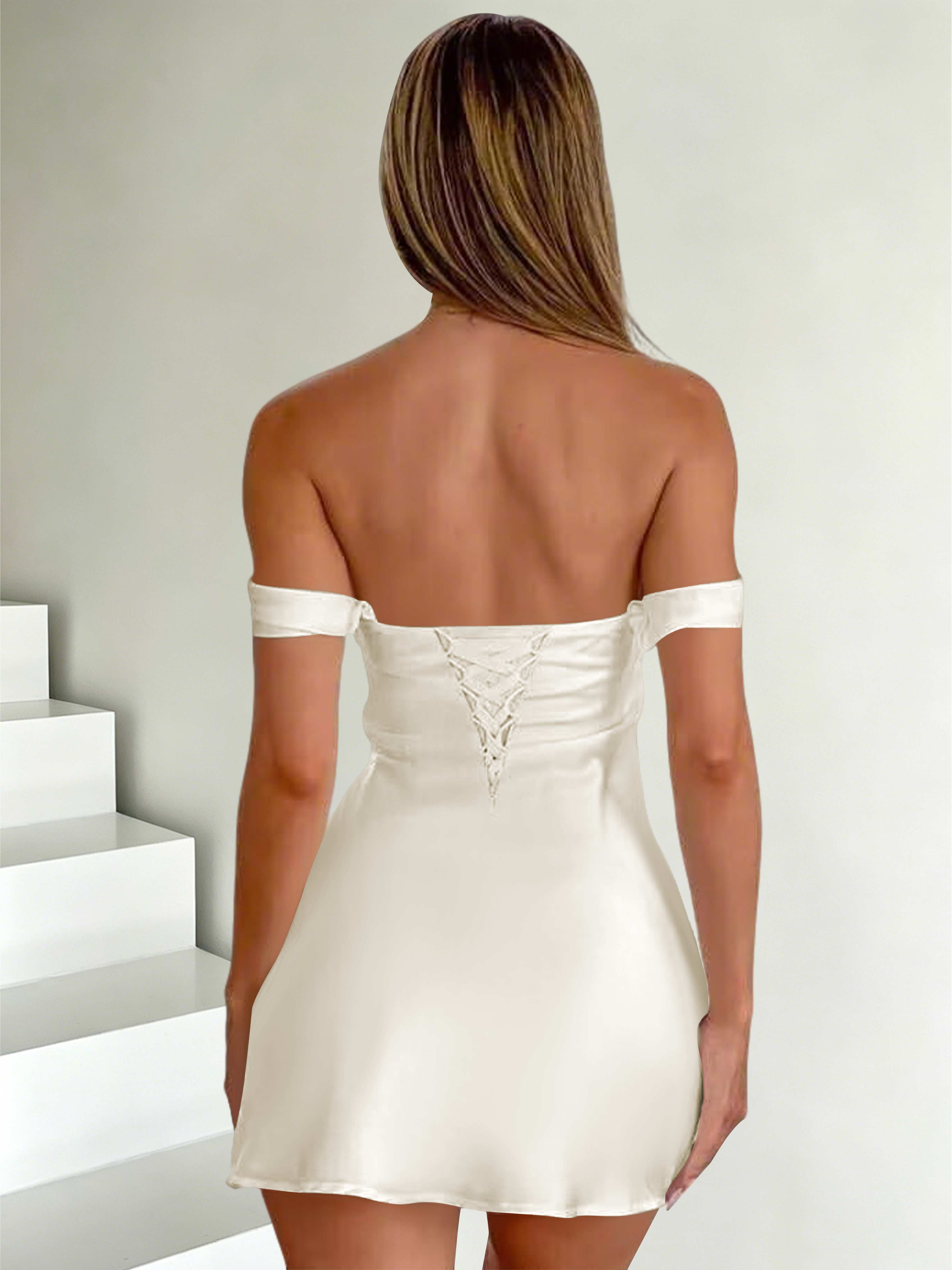 ROVDESY Off The Shoulder A-Line Pleated Satin Homecoming Mini Dress