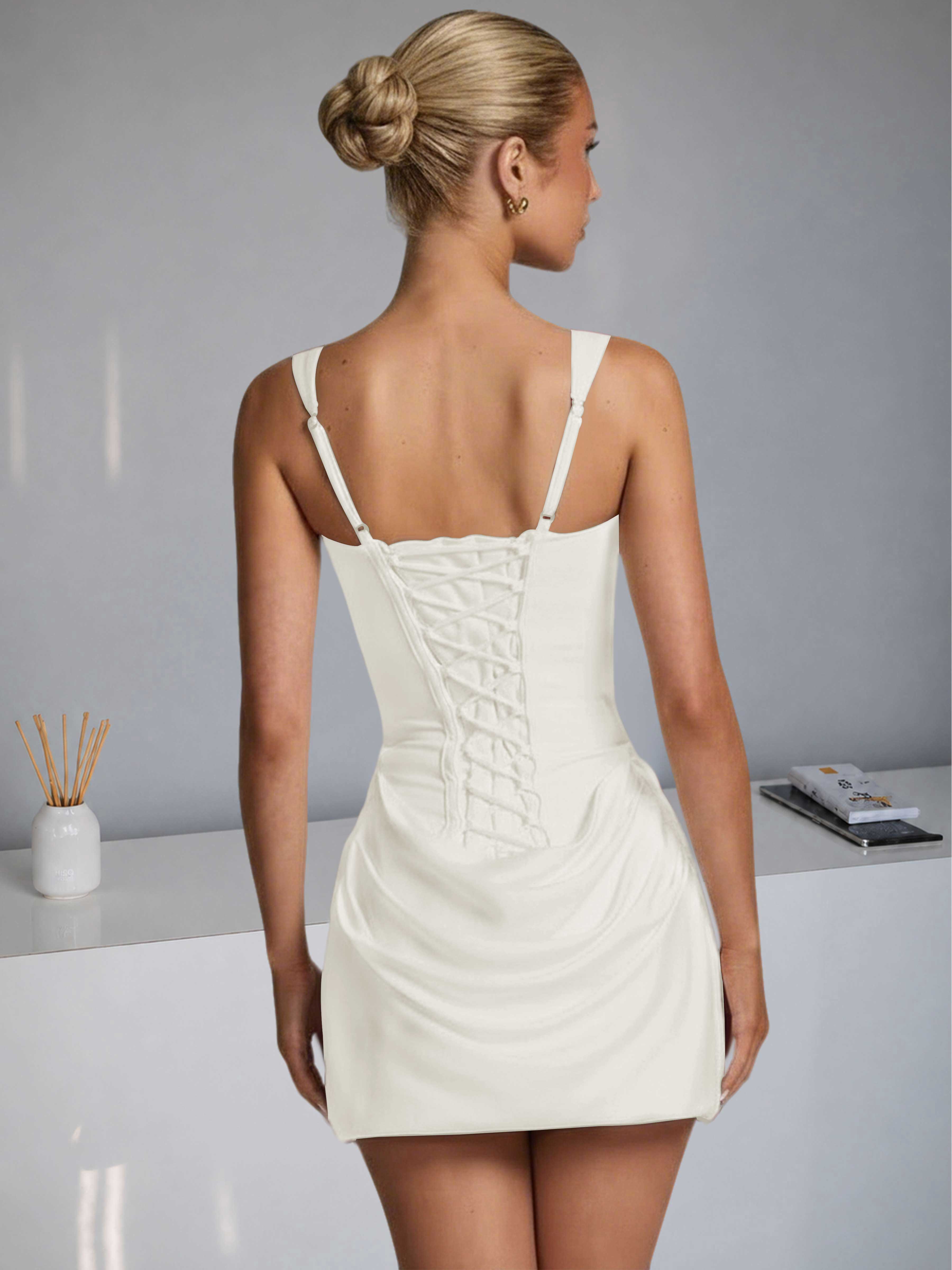 ROVDESY Square Neck Ruched Satin Homecoming Mini Dress