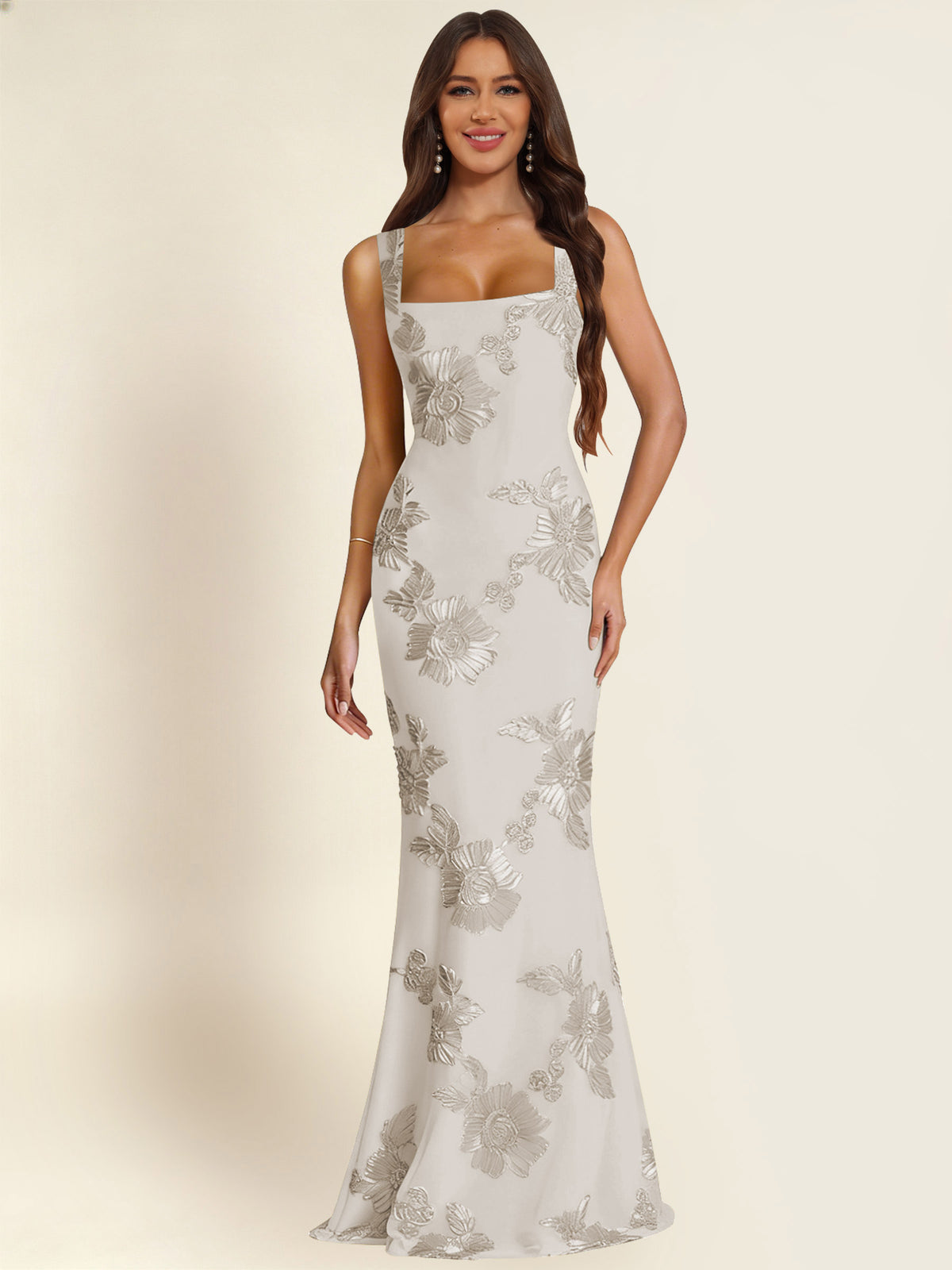 ROVDESY Square Neck Floral Applique Mermaid Long Prom/Bridesmaid Dress