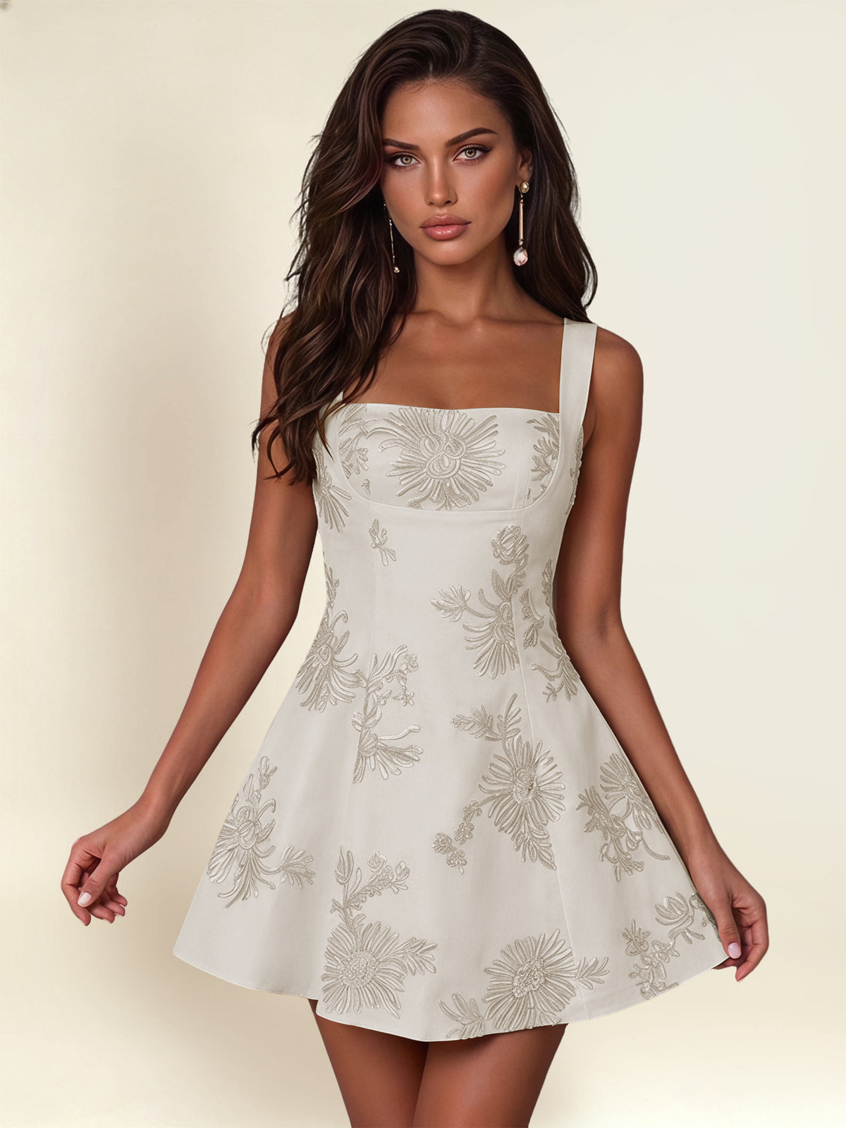 ROVDESY A-Line Square Neck Floral Embroidery Homecoming Mini Dress With Bow