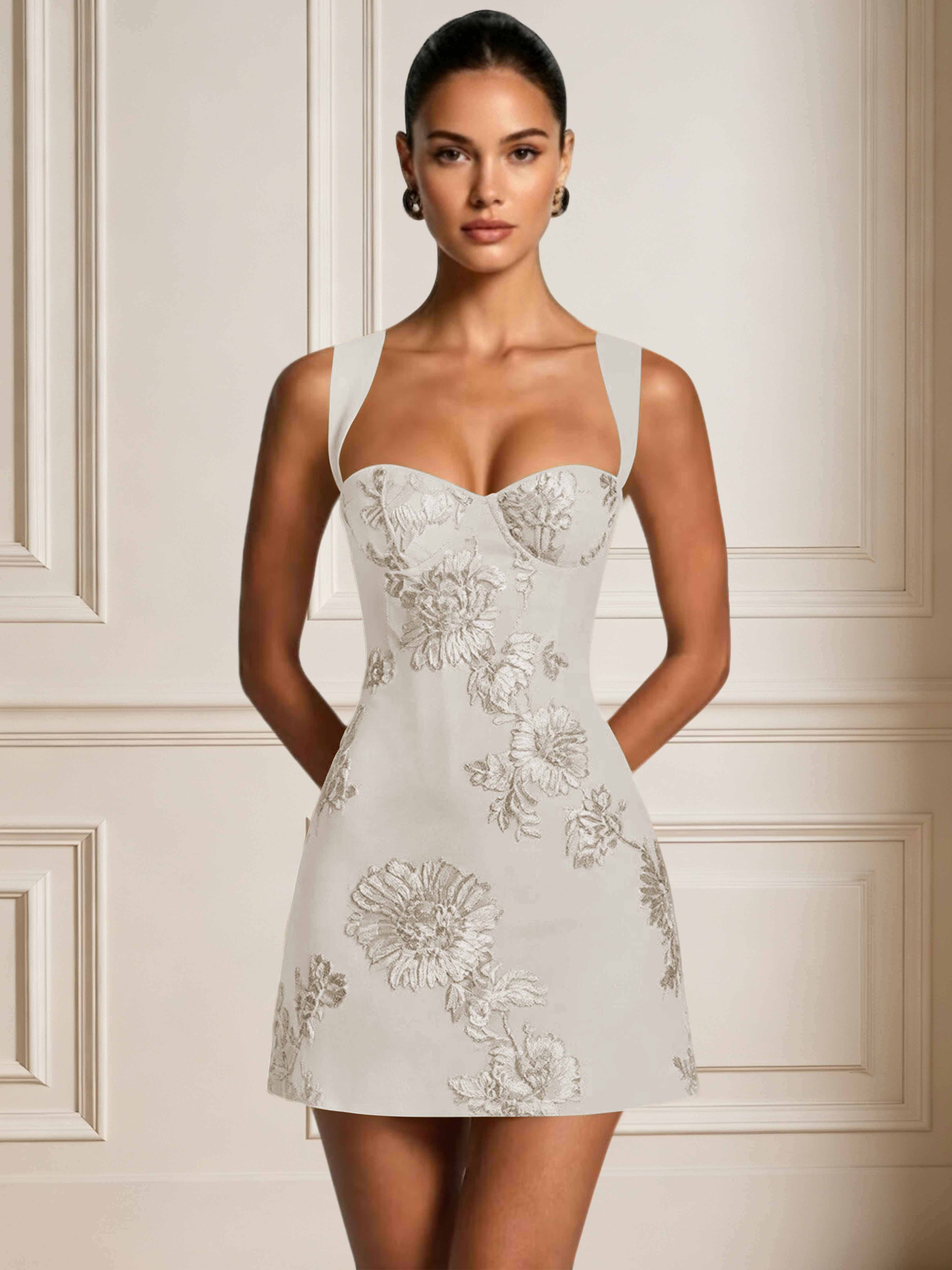 ROVDESY A-Line Sweetheart Floral Embroidery Homecoming Mini Dress