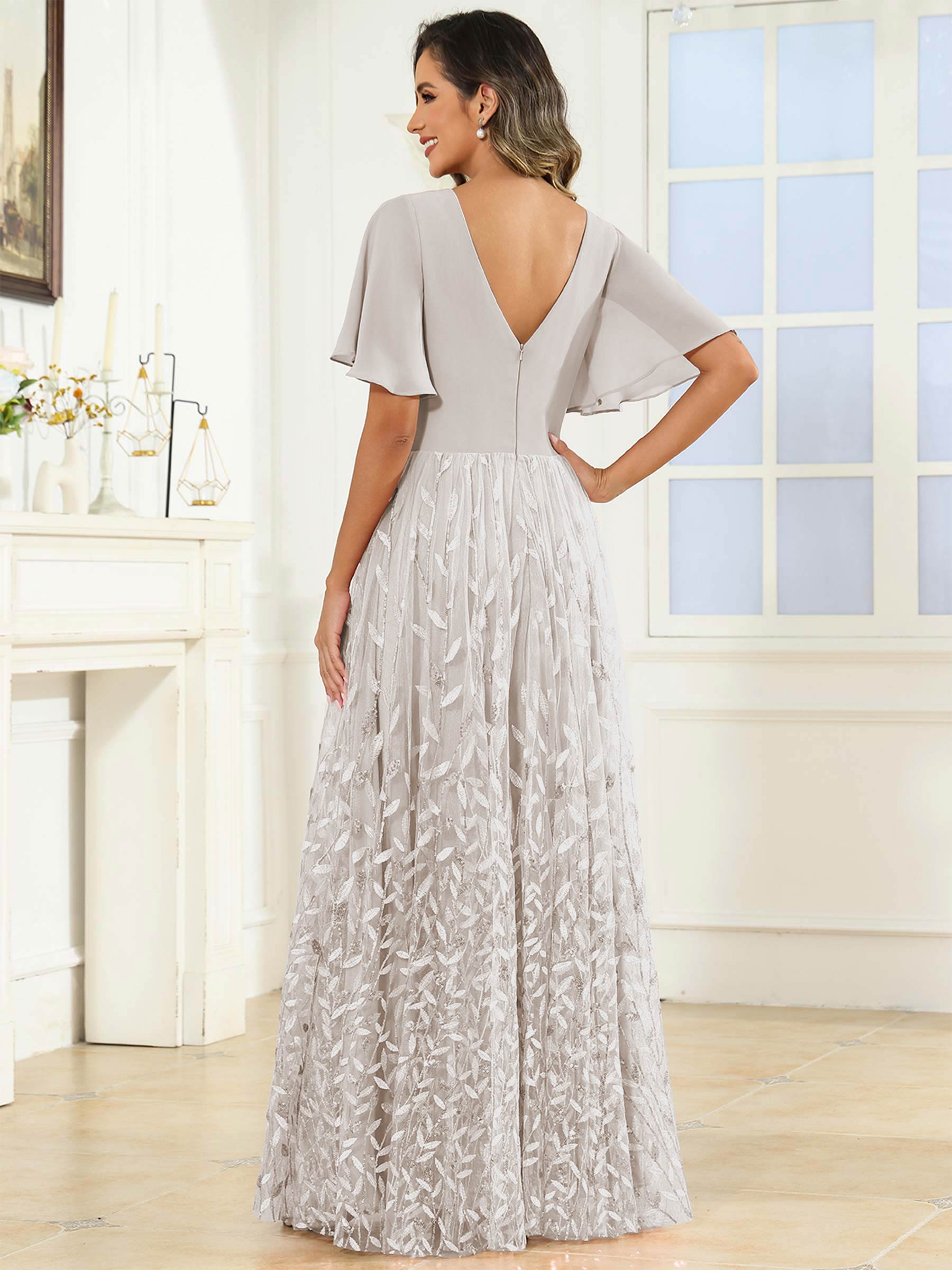 ROVDESY A-Line V-Neck Chiffon Sequin Mother Of The Bride Dress With Short Sleeves