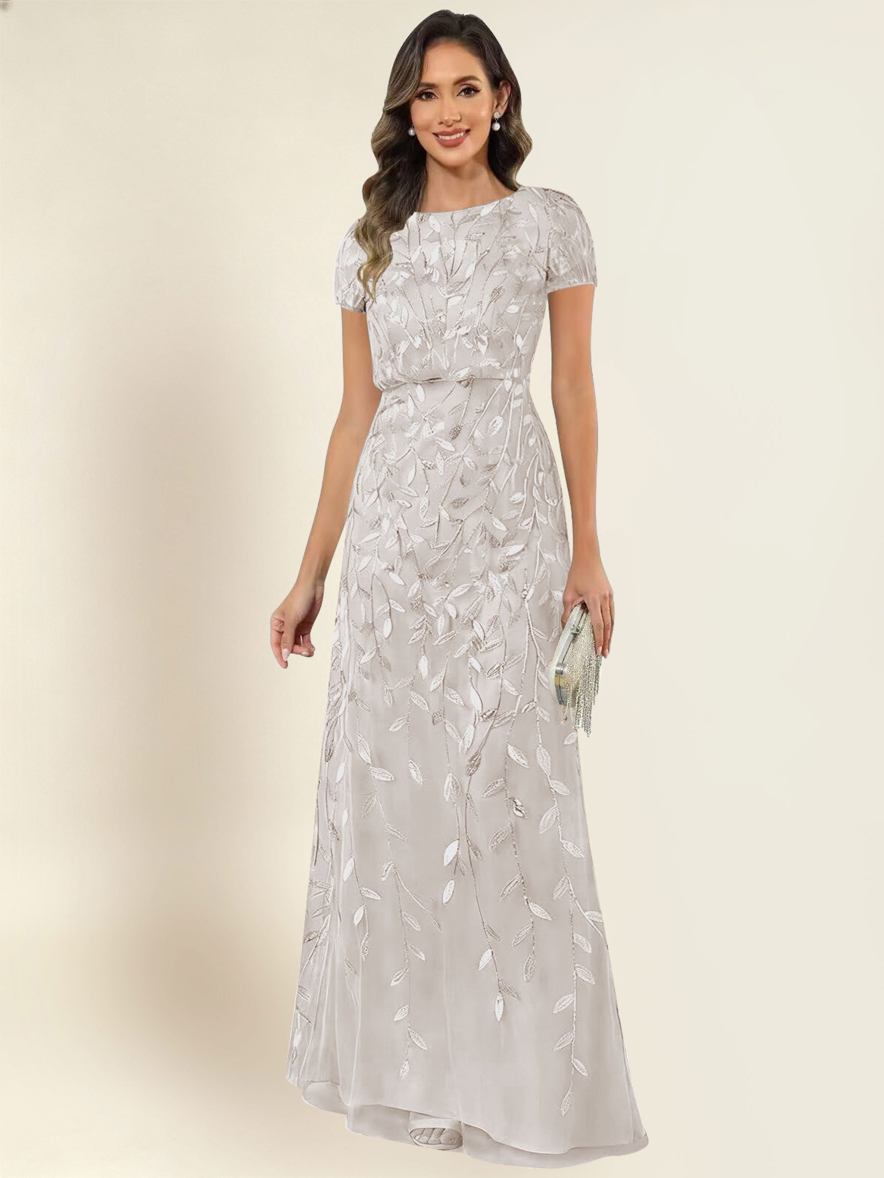ROVDESY Sequin Mermaid Long Mother Of The Bride Dress With Short Sleeves Formal Gown