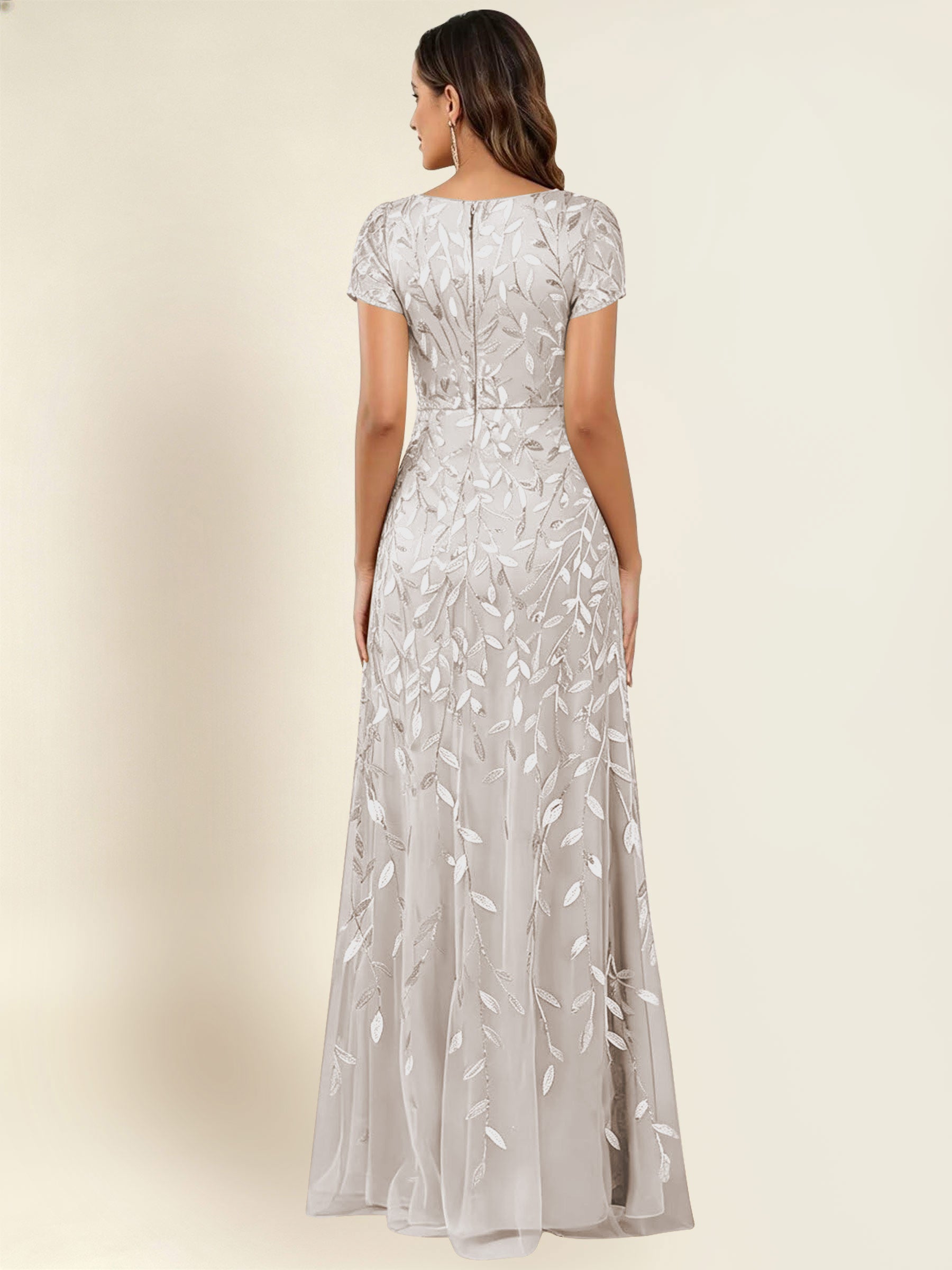 ROVDESY Sequin Mermaid Long Mother Of The Bride Dress With Short Sleeves Formal Gown