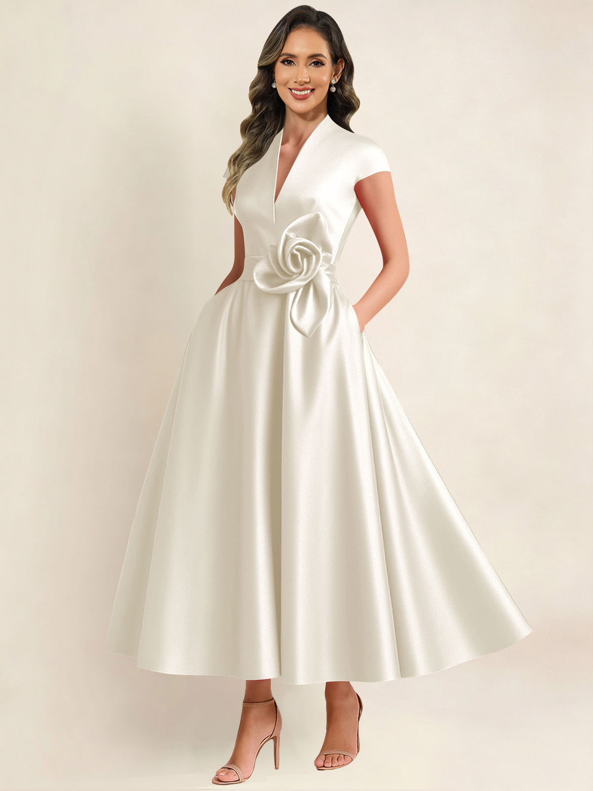 A Line V Neck 3D Flower Satin Mother of the Bride Dress