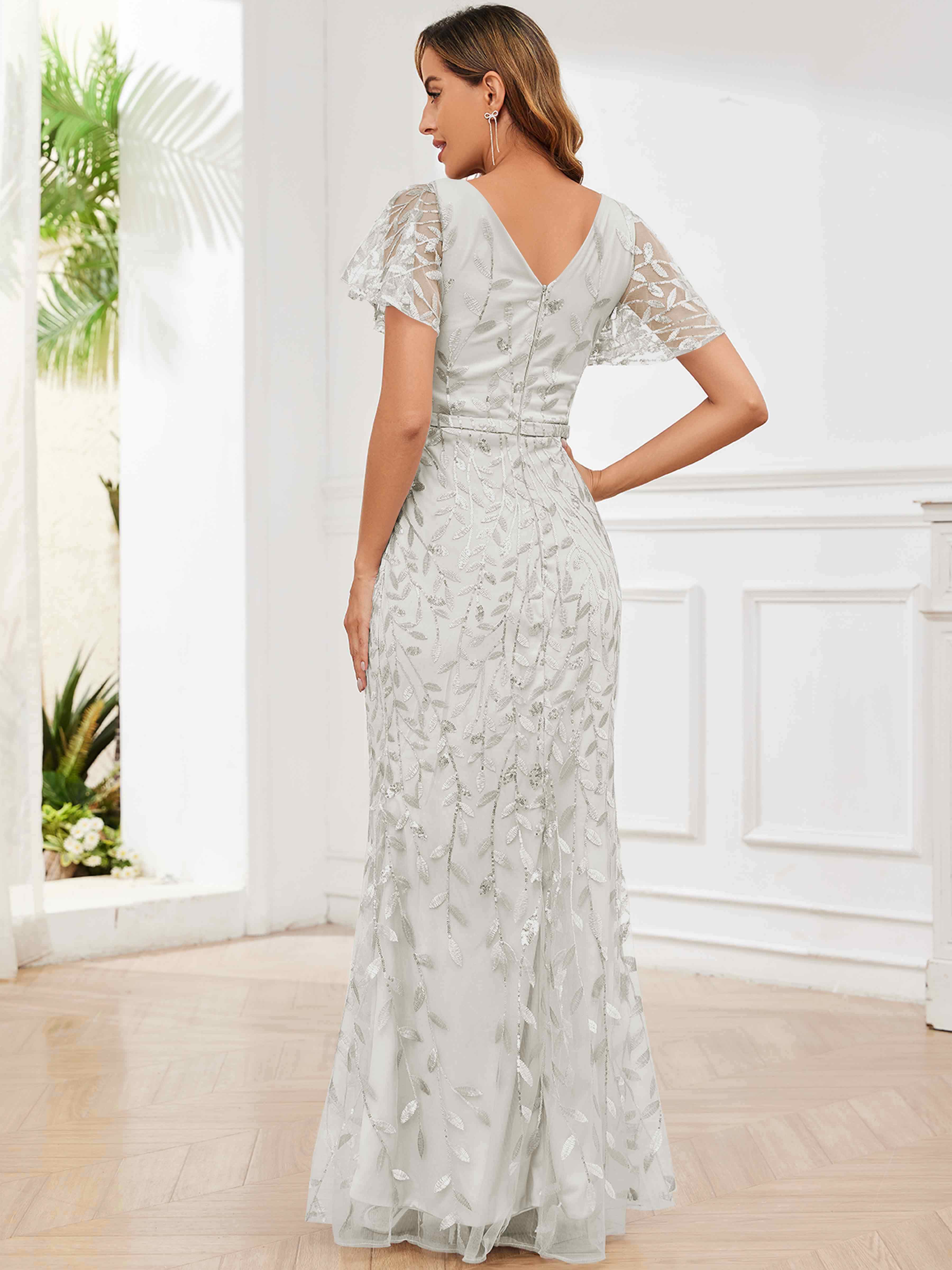 ROVDESY V-Neck Mermaid Sequin Mother Of The Bride Dress With Short Sleeves