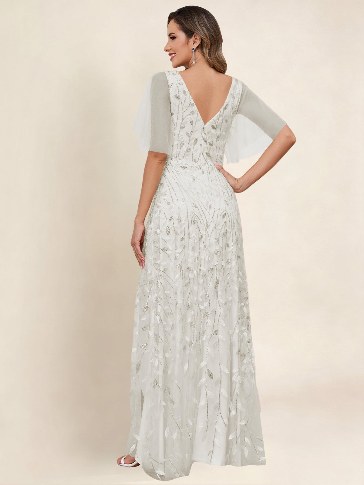 V Neck Sequin Tulle A Line Mother of the Bride Dress with Sleeves