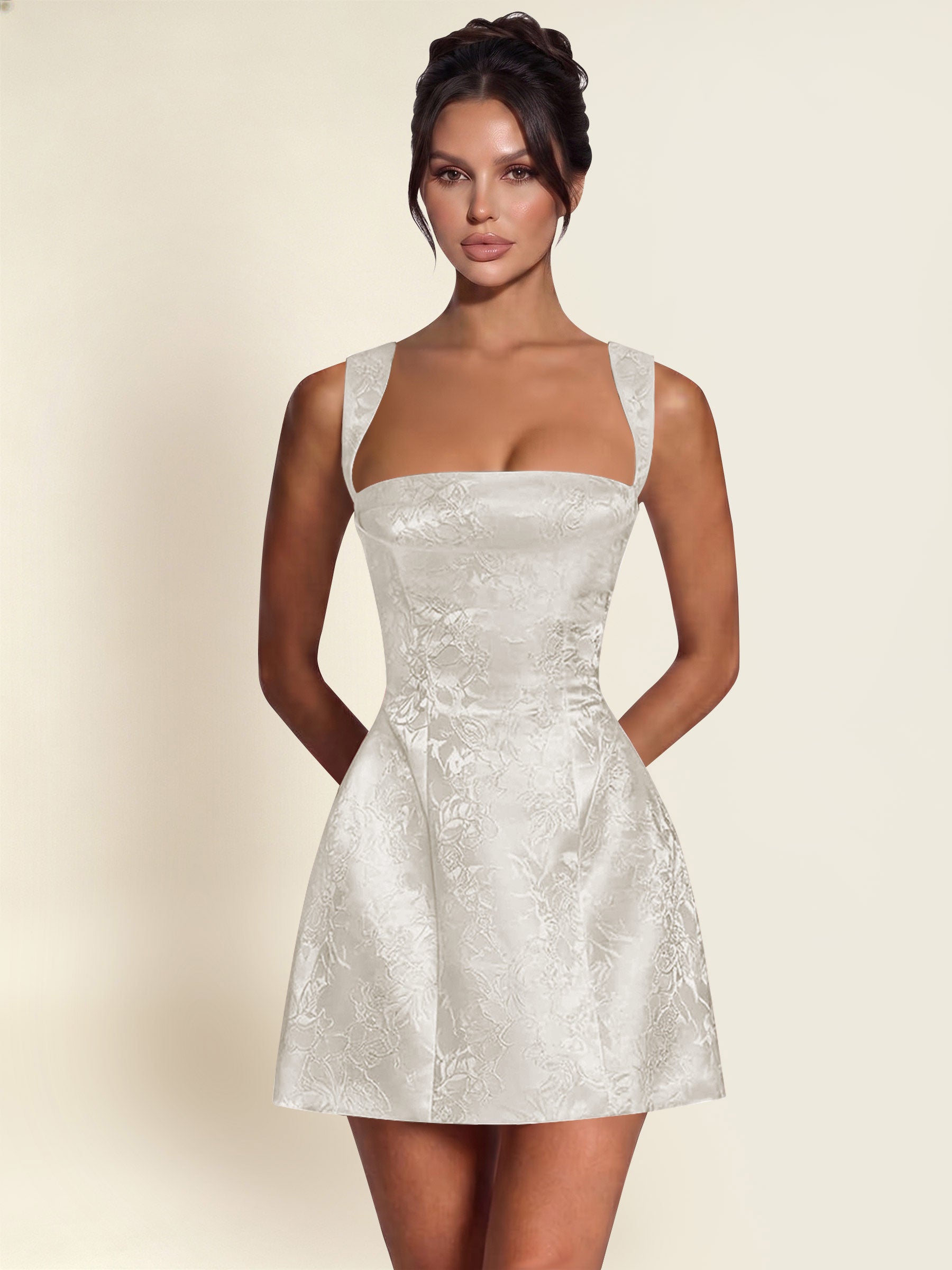 ROVDESY A-Line Square Neck Jacquard Satin Homecoming Mini Dress