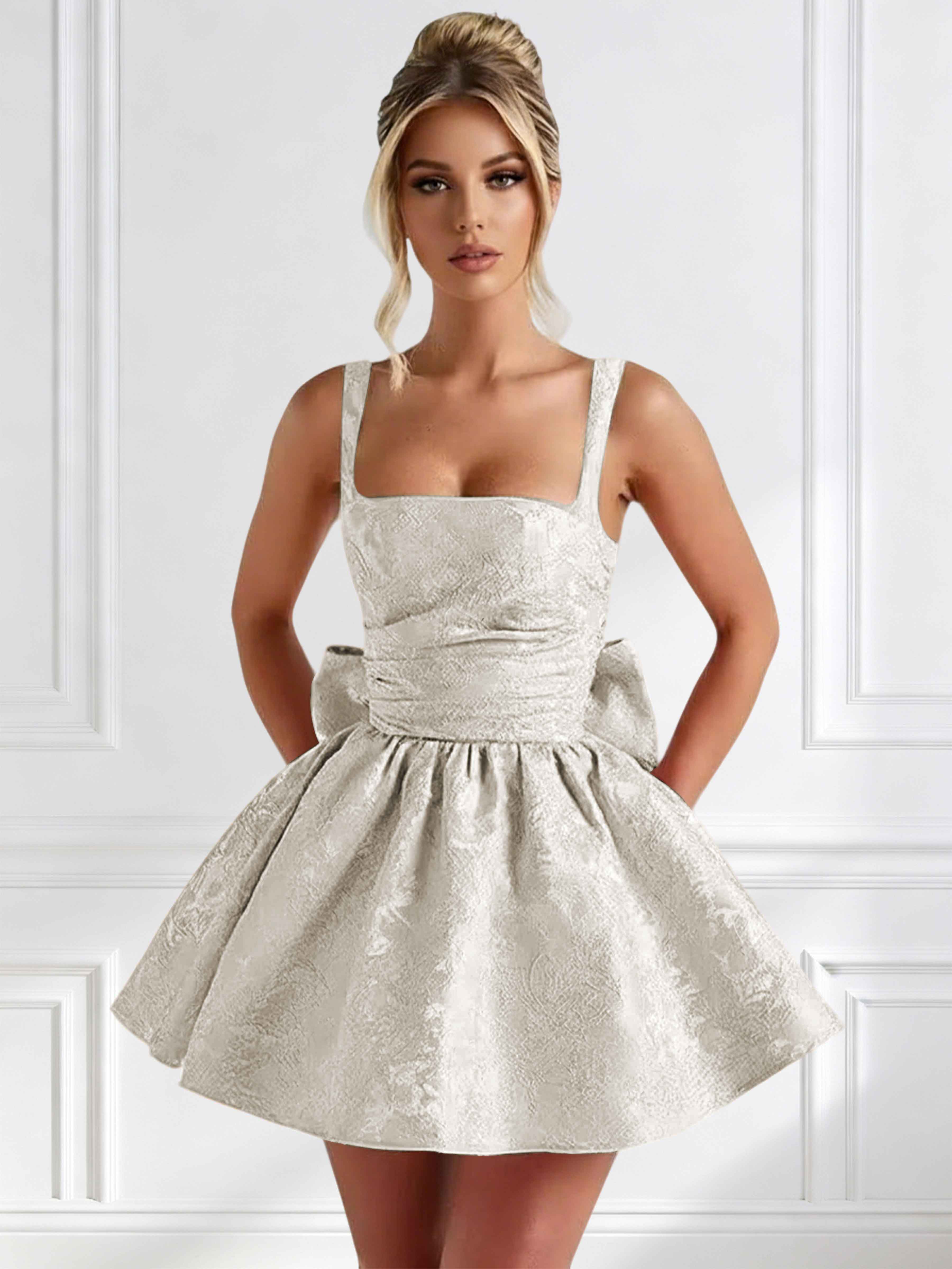 ROVDESY A-Line Square Neck Jacquard Satin Homecoming Mini Dress With Big Bow