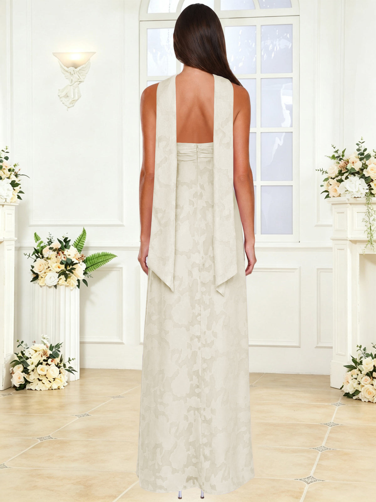 Spaghetti Strap Ruched Floral Jacquard A Line Bridesmaid Dress with Scarf