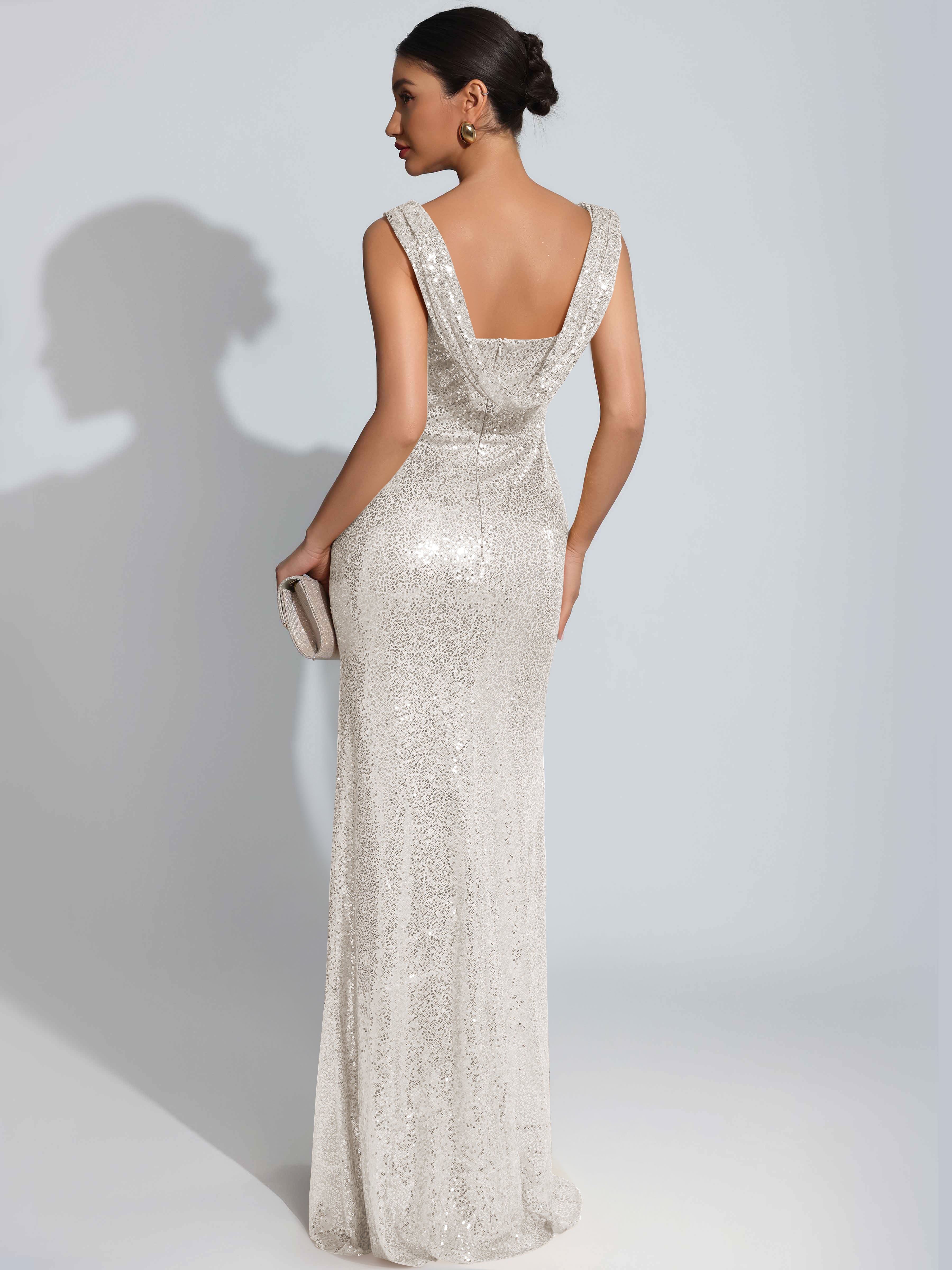 ROVDESY Sparkly Bateau Mermaid Ruched Sequin Long Prom Dress with Slit