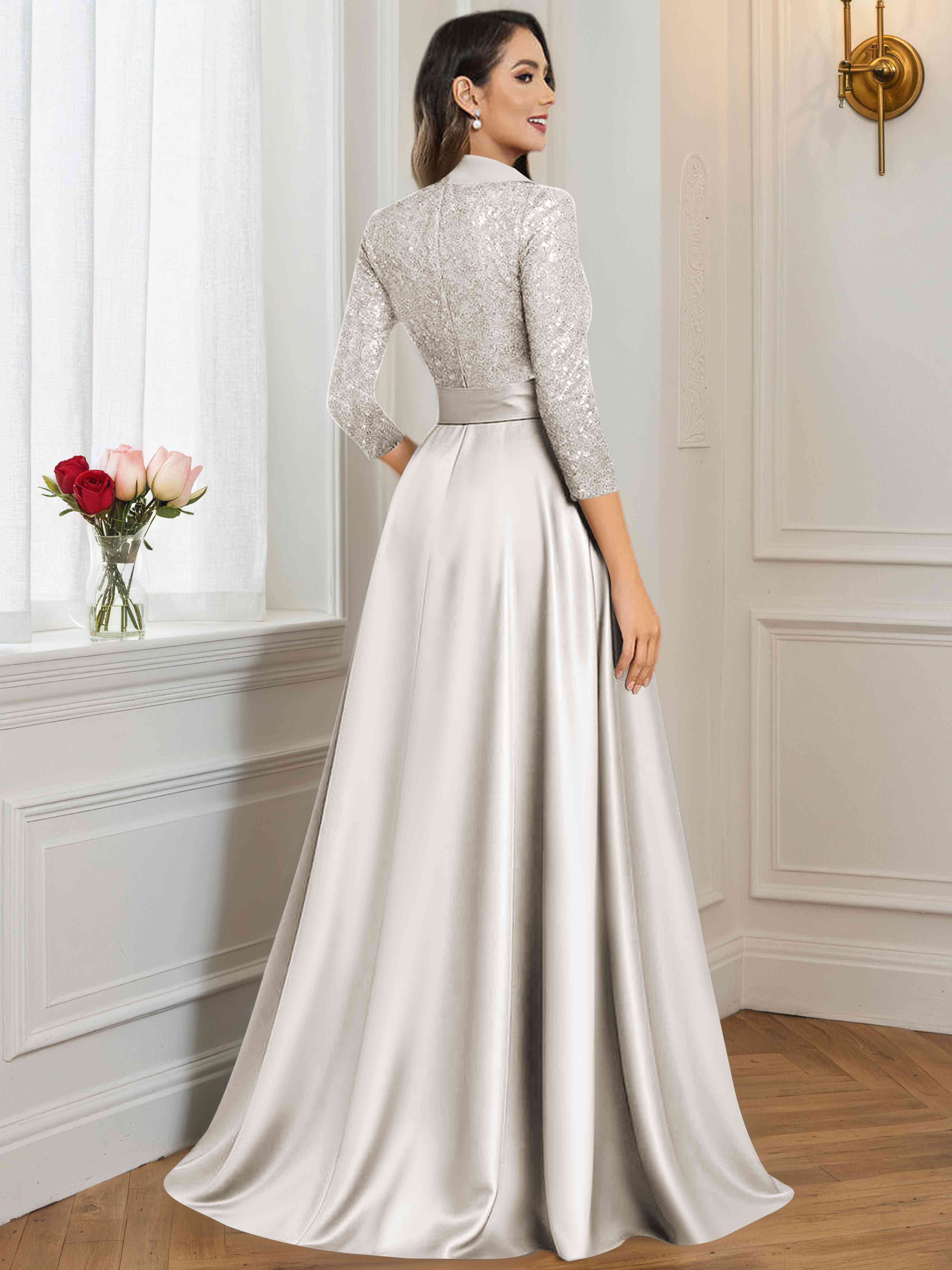 ROVDESY A-Line V Neck Sequin Satin  Long Mother of The Bride Dress Formal Gown With 3/4 Sleeves