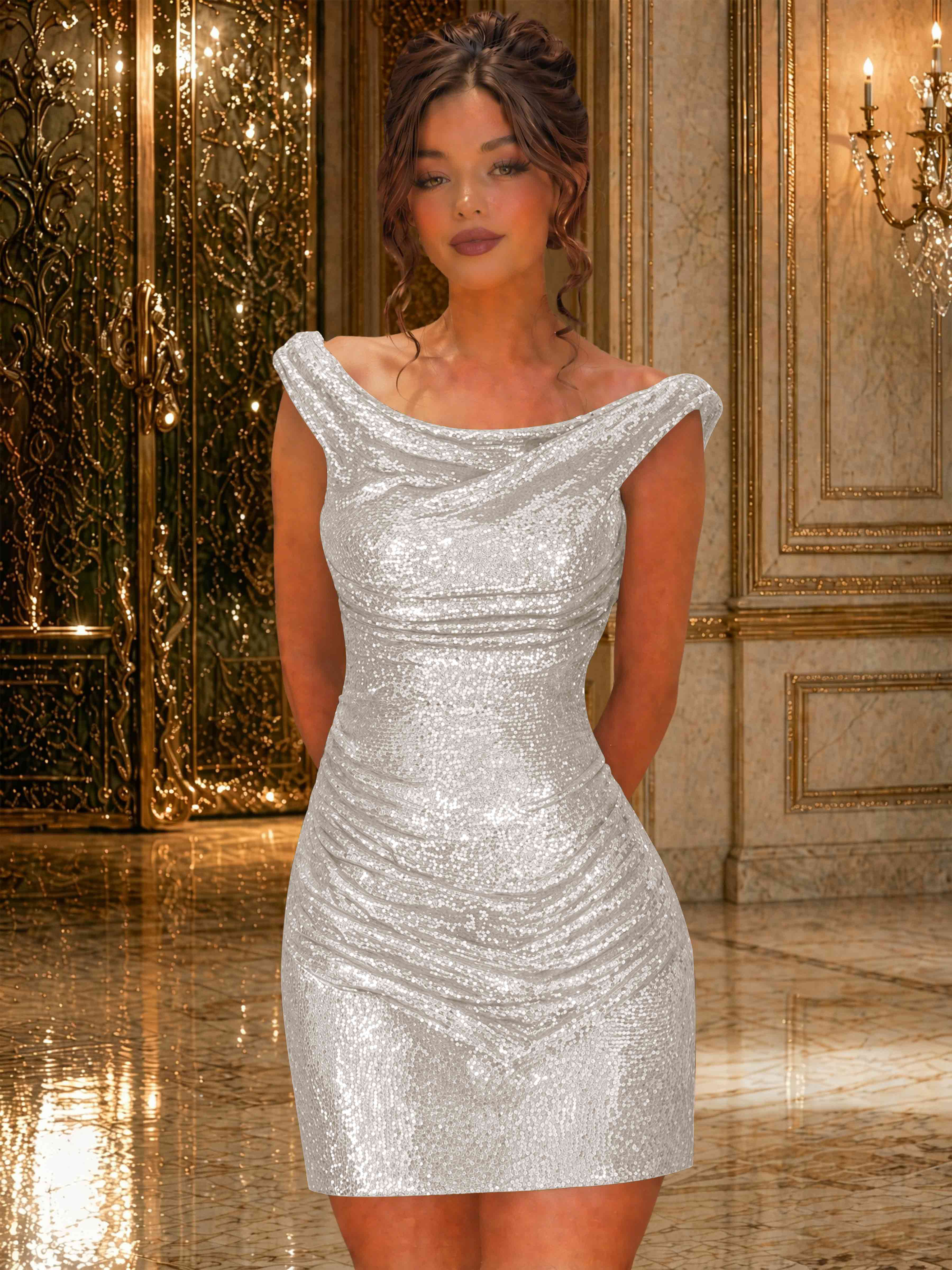 ROVDES Sparkly Off The Shoulder Ruched Sequin Tight Homecoming Mini Dress