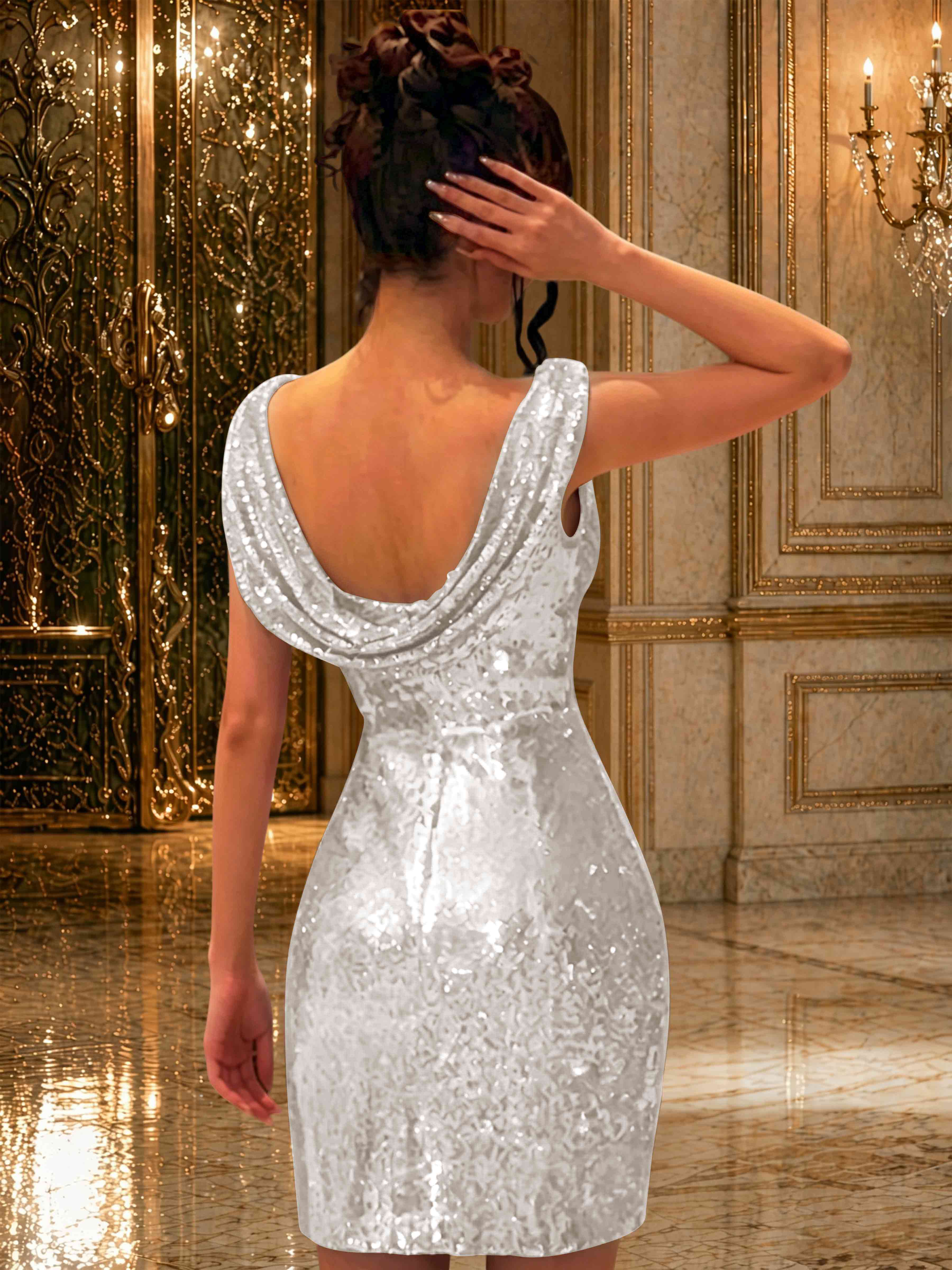 ROVDES Sparkly Off The Shoulder Ruched Sequin Tight Homecoming Mini Dress