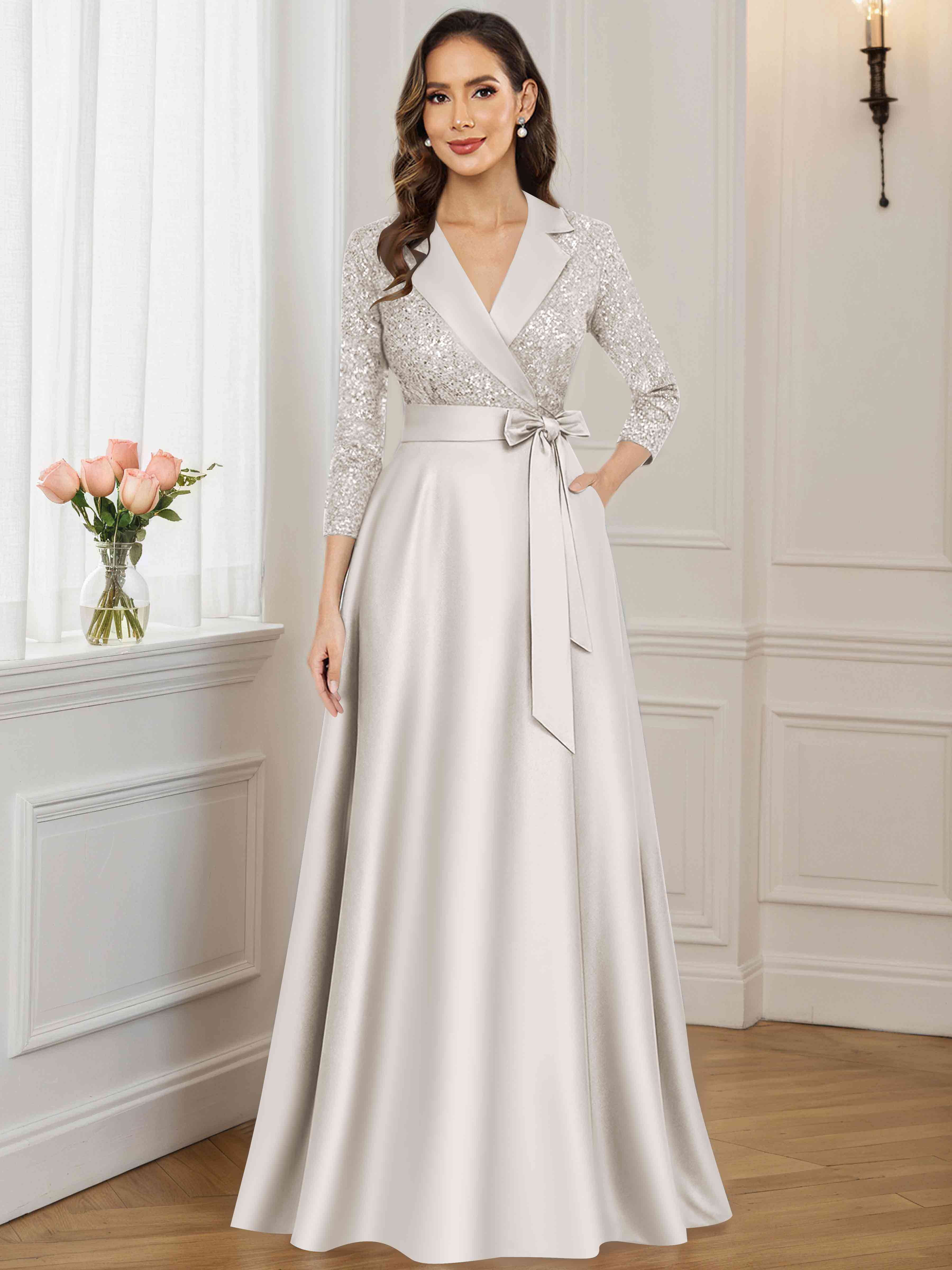 ROVDESY A-Line V Neck Sequin Satin  Long Mother of The Bride Dress Formal Gown With 3/4 Sleeves