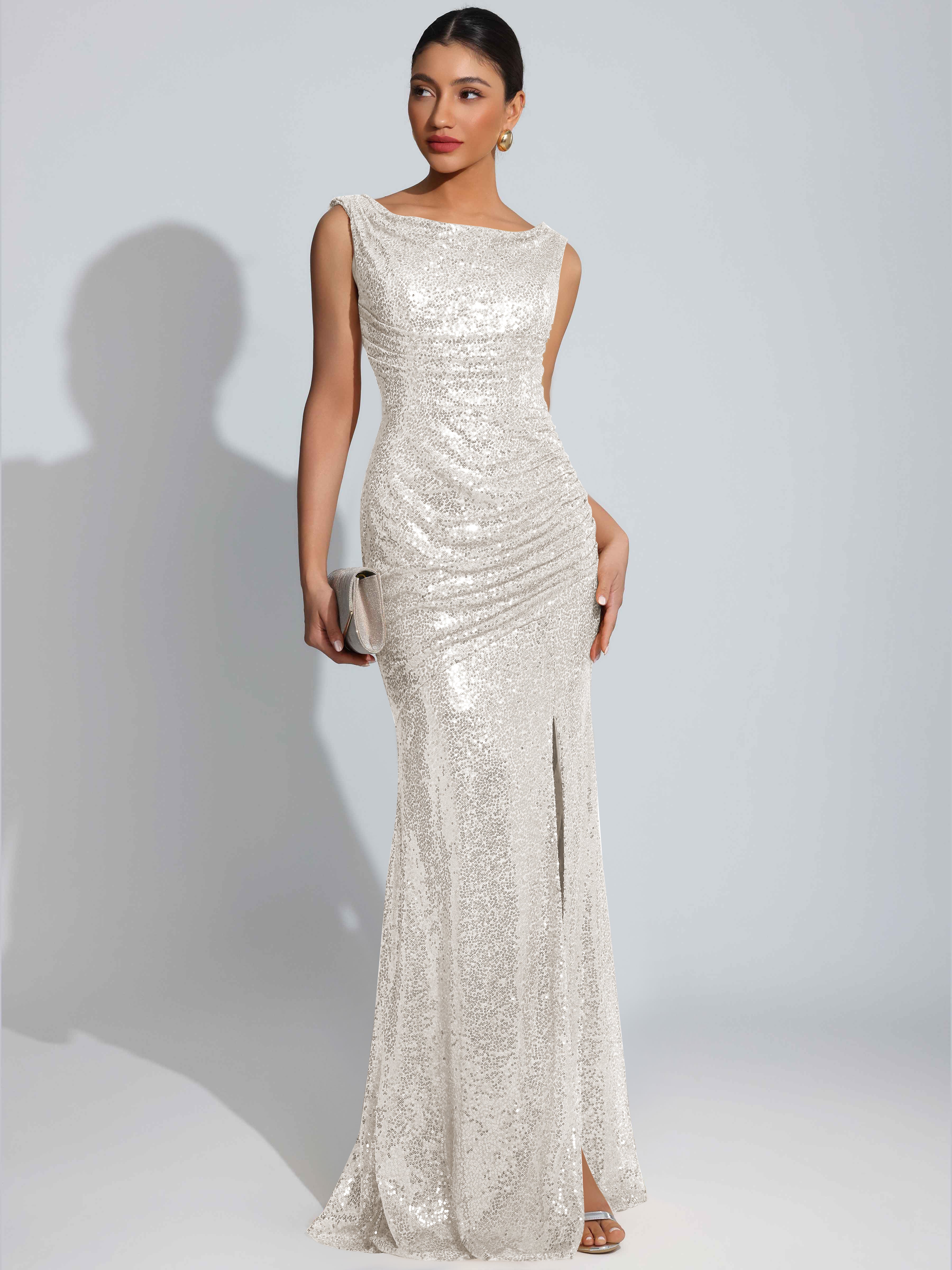 ROVDESY Sparkly Bateau Mermaid Ruched Sequin Long Prom Dress with Slit