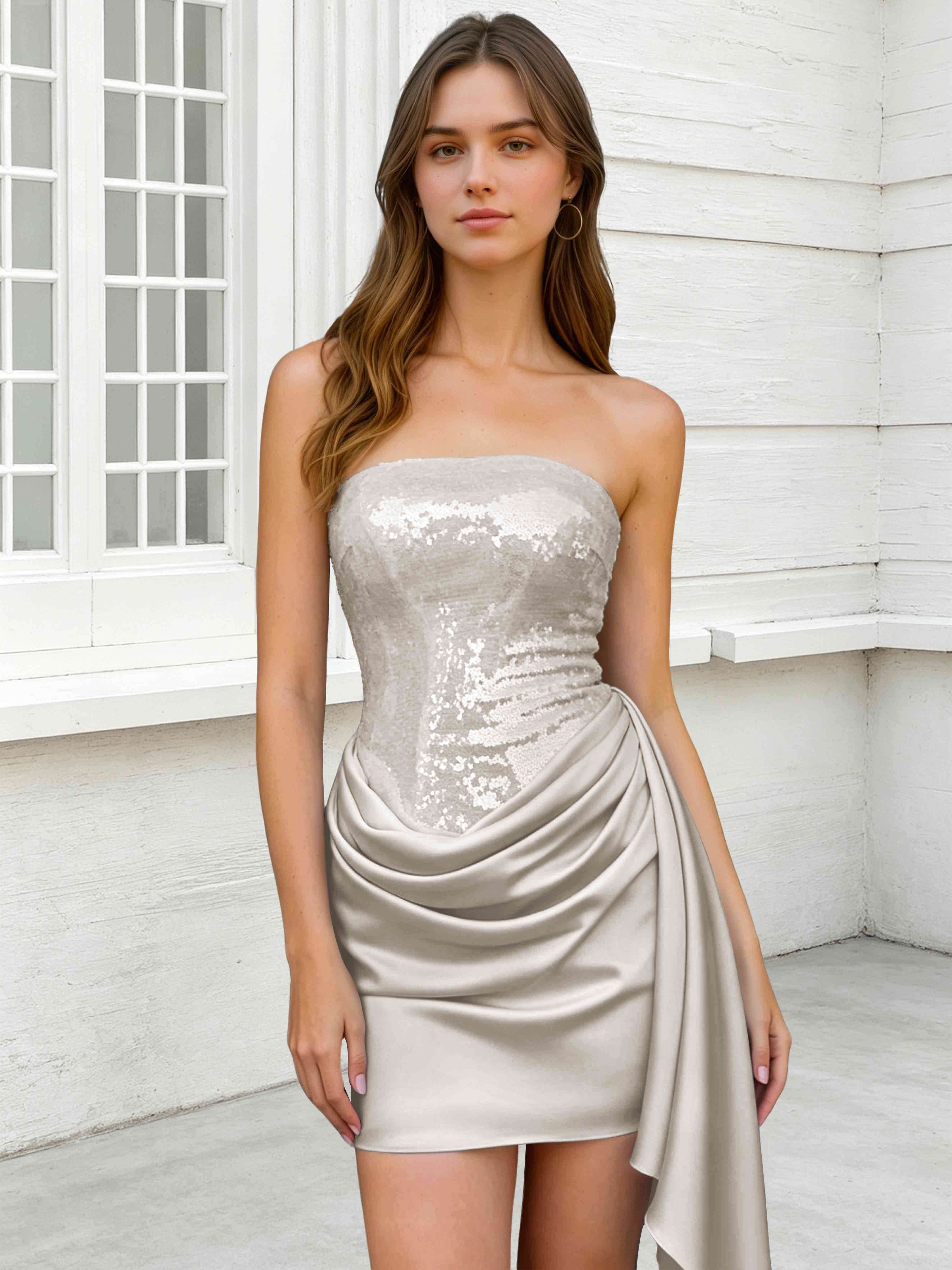 ROVDES Strapless Sequin Satin Tight Homecoming Mini Dress With Side Sash