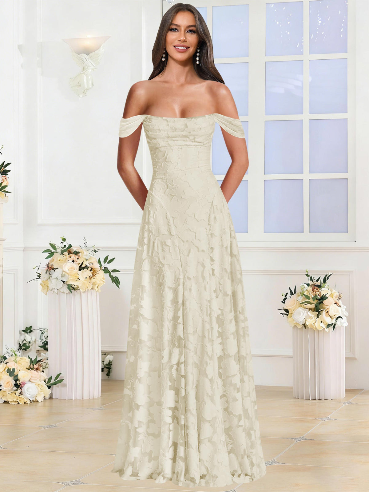 Off the Shoulder Floral Ruched A-line Bridesmaid Dress