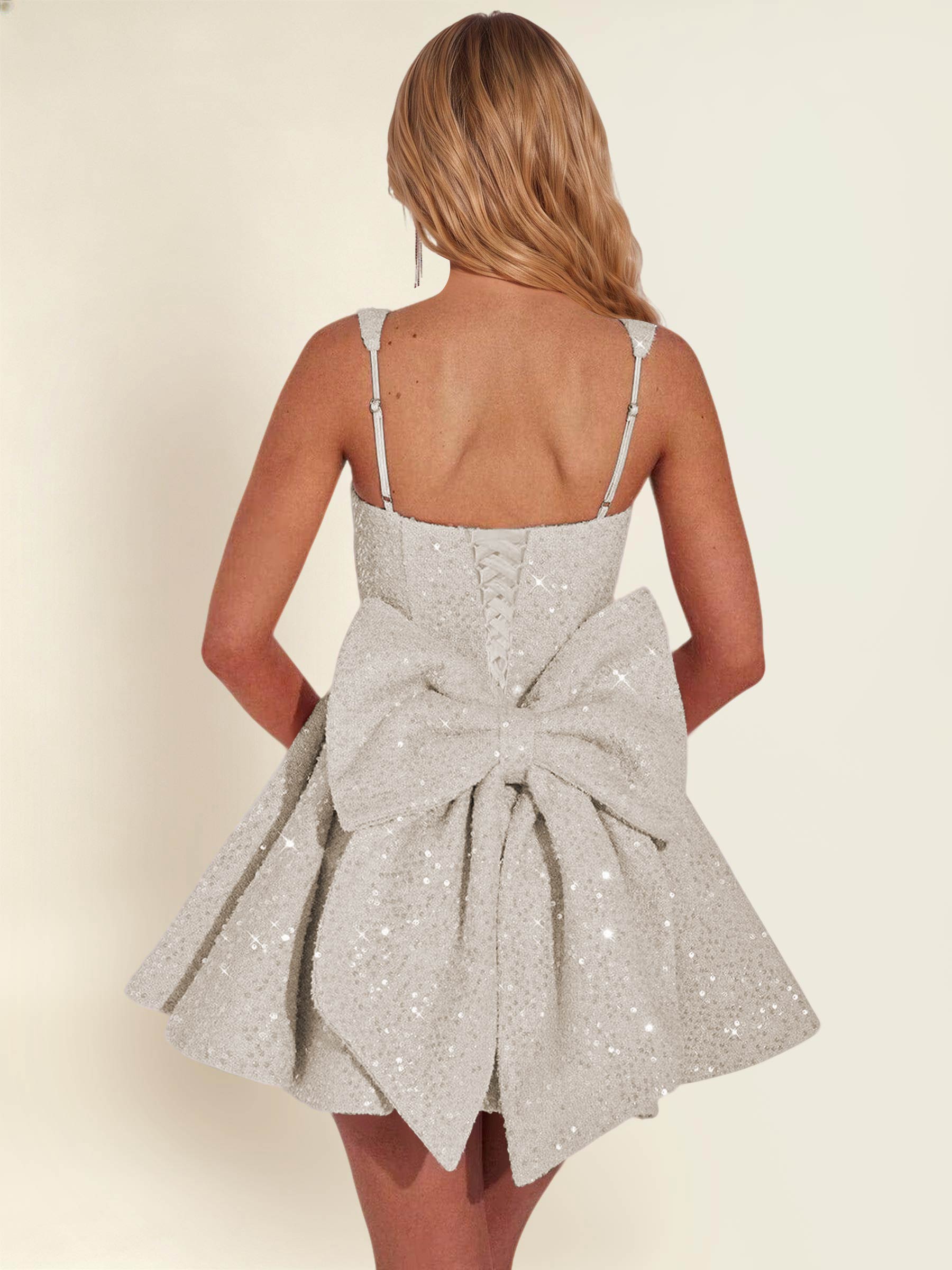 ROVDESY Sparkly Sequin A-Line Square Neck Homecoming Mini Dress With Big Bow