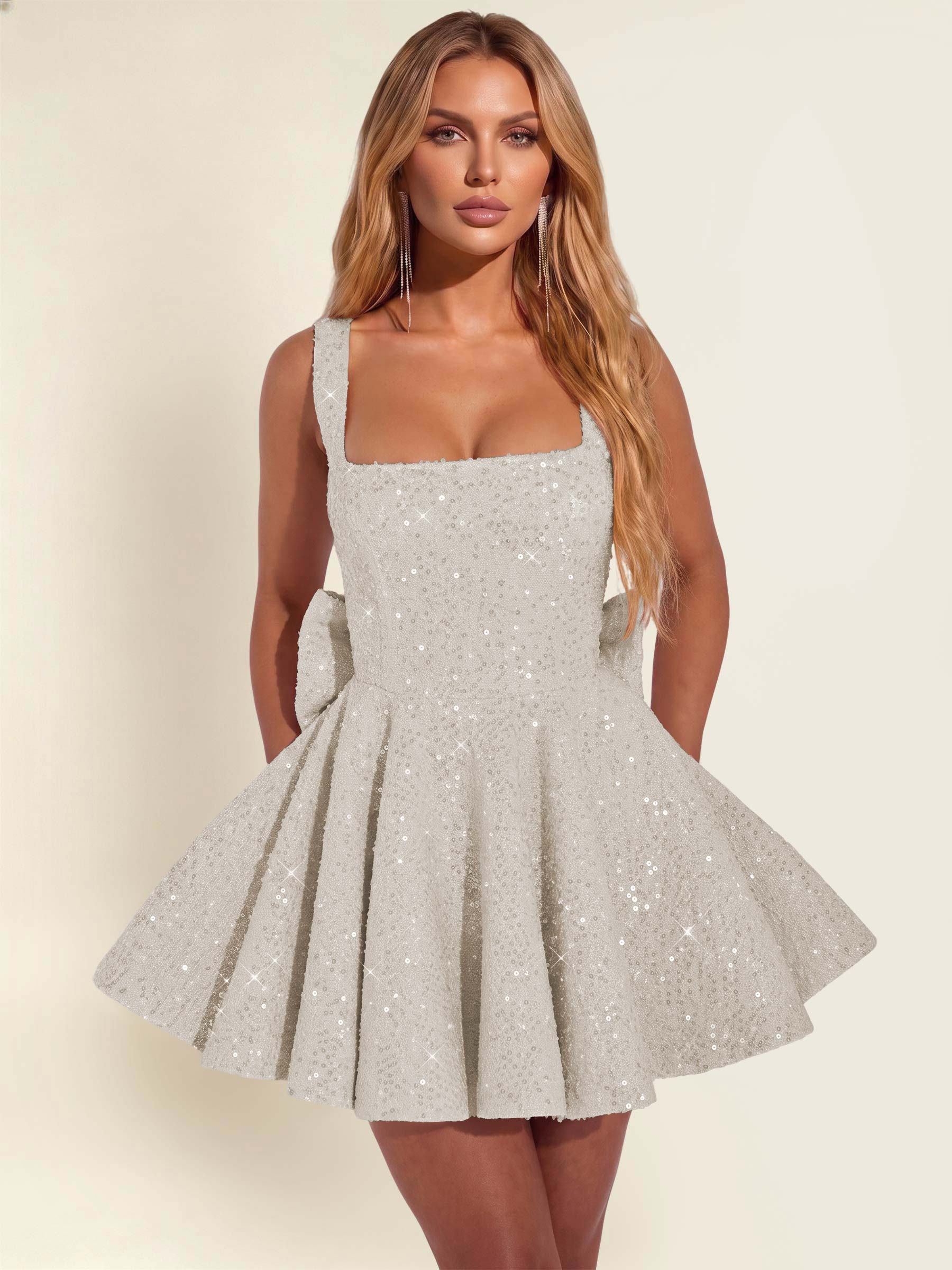 ROVDESY Sparkly Sequin A-Line Square Neck Homecoming Mini Dress With Big Bow