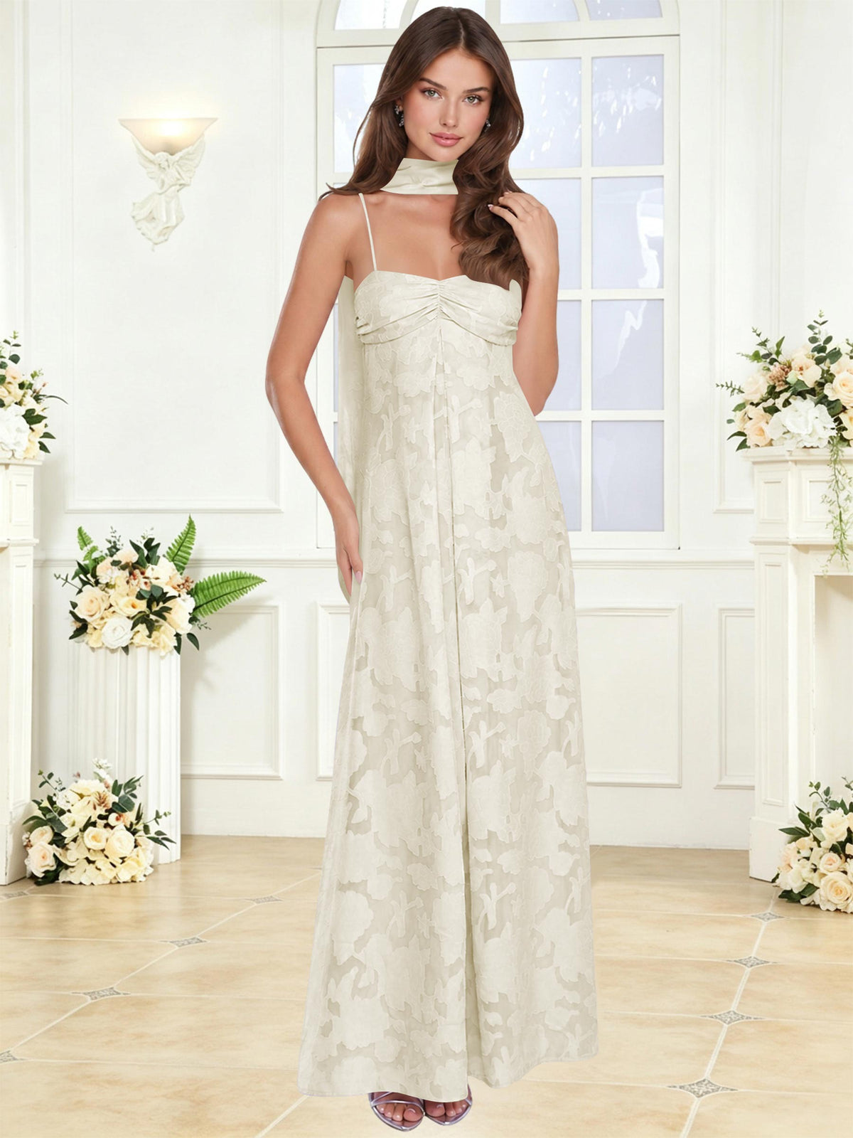 Spaghetti Strap Ruched Floral Jacquard A Line Bridesmaid Dress with Scarf