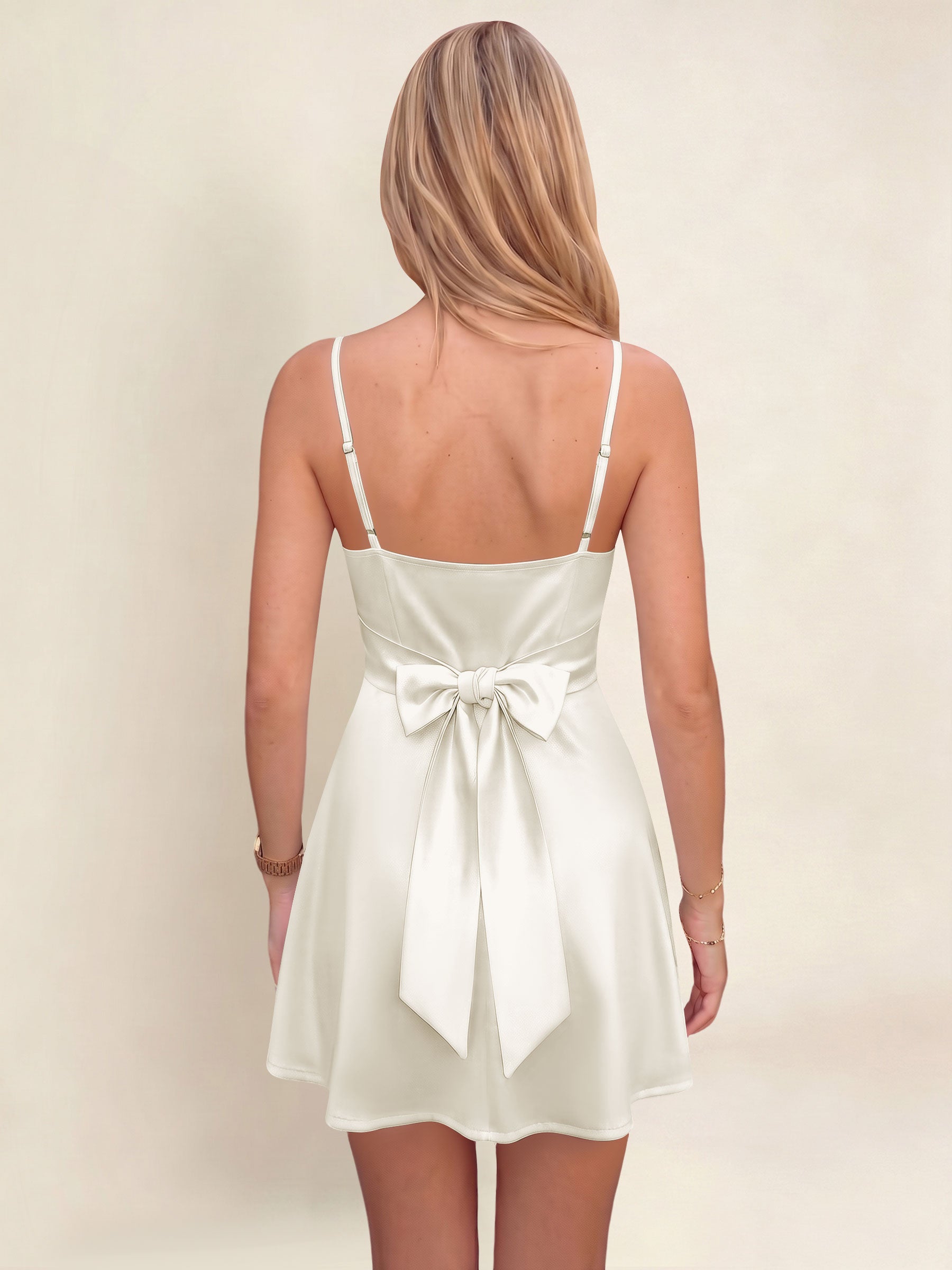 ROVDESY A-Line Spaghetti Strap Cowl Neck Satin Mini Homecoming Dress With Bow