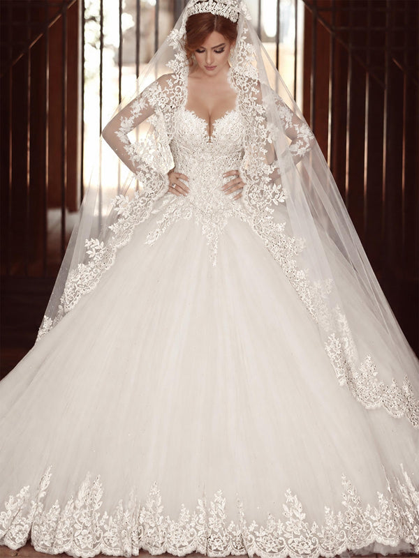 Ivory Off The Shoulder Long Sleeve Lace Appliques Ball Gown Wedding Dress with Cathedral Train