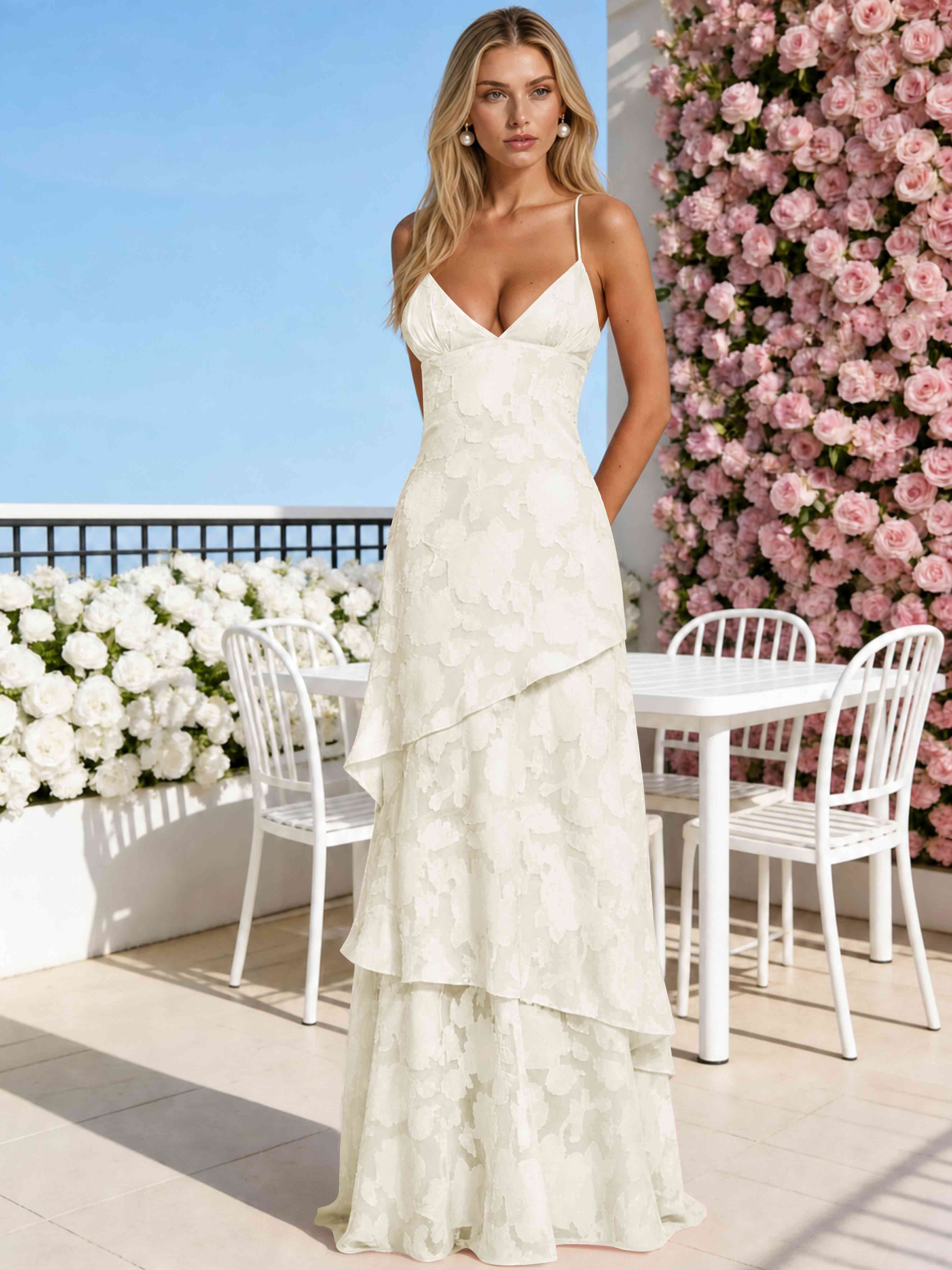 ROVDESY Spaghetti Strap V-Neck Chiffon Jacquard Tiered Ruffle Long Bridesmaid/Prom Dress