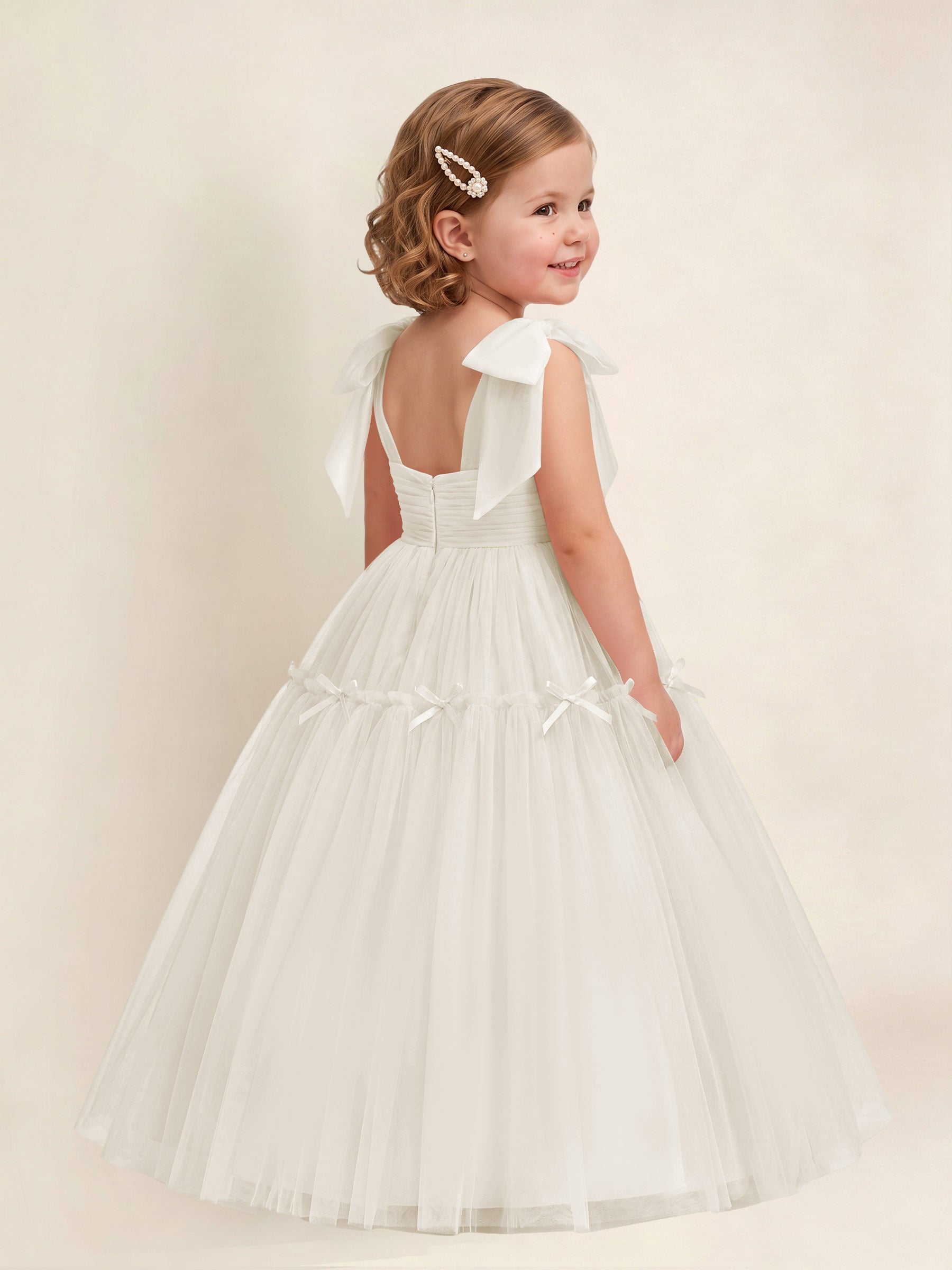 ROVDESY A-Line Tulle Flower Girl Dress With Bow Long Ball Gown Dress