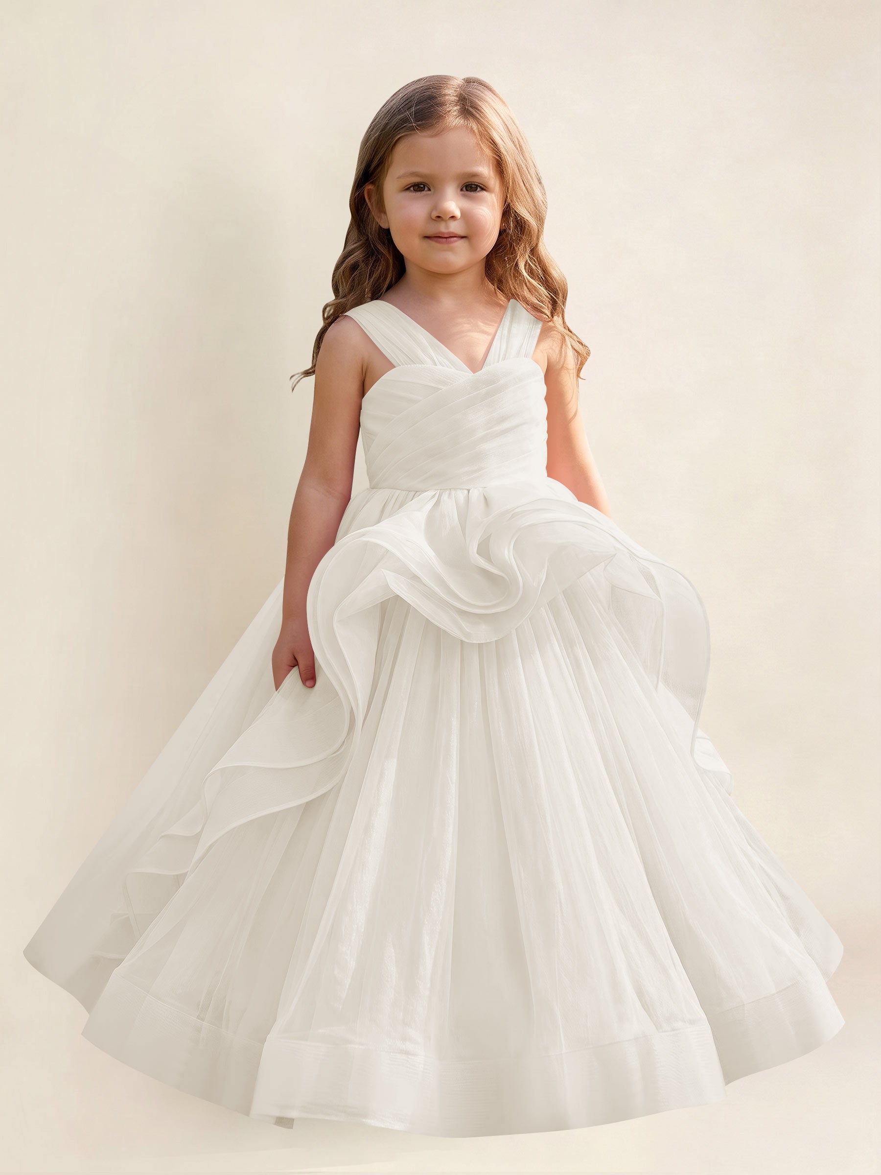 ROVDESY A-Line V-Neck Tulle Flower Girl Dress With Sleeveless Long Ball Gown Dress