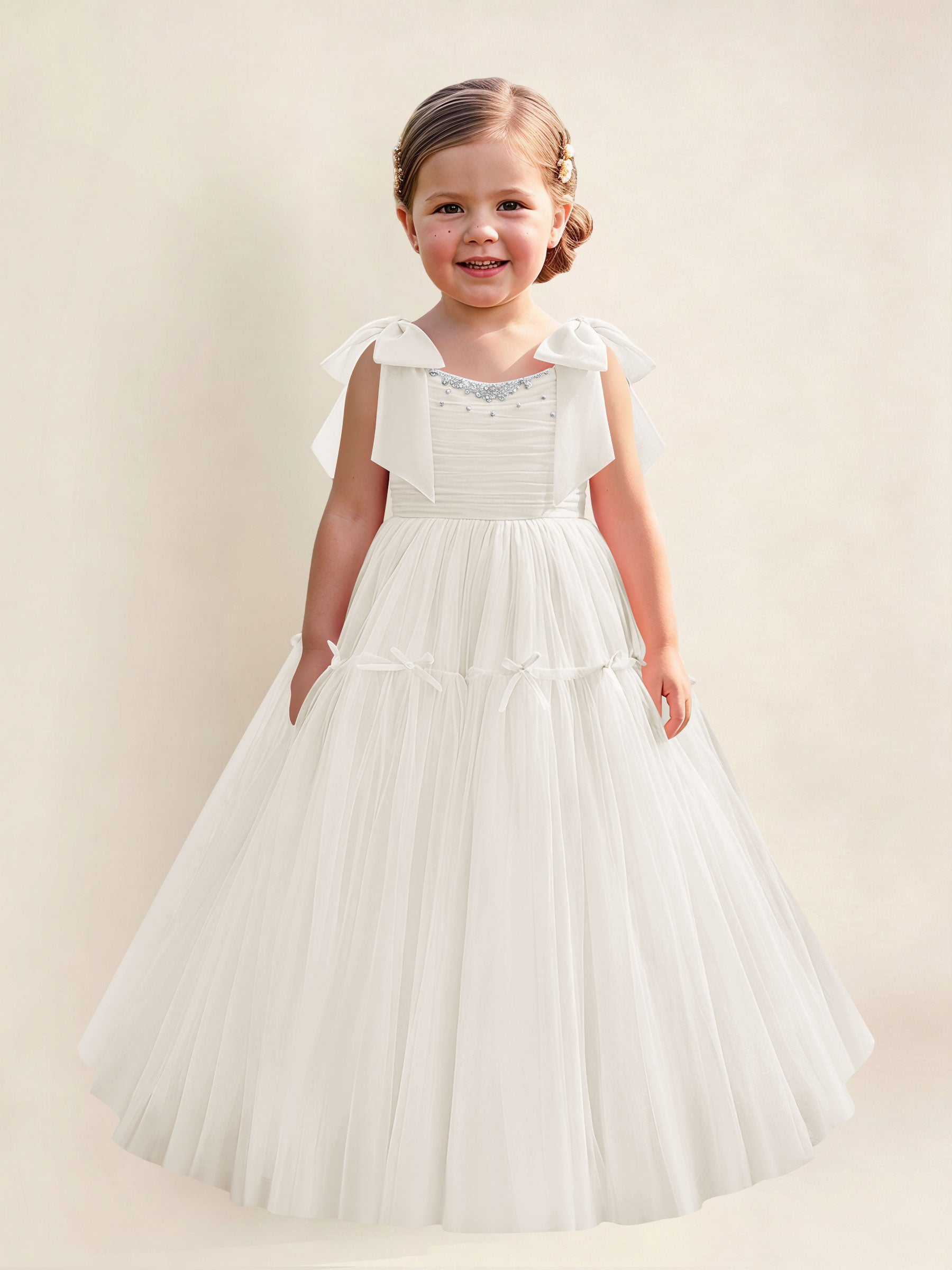 ROVDESY A-Line Tulle Flower Girl Dress With Bow Long Ball Gown Dress