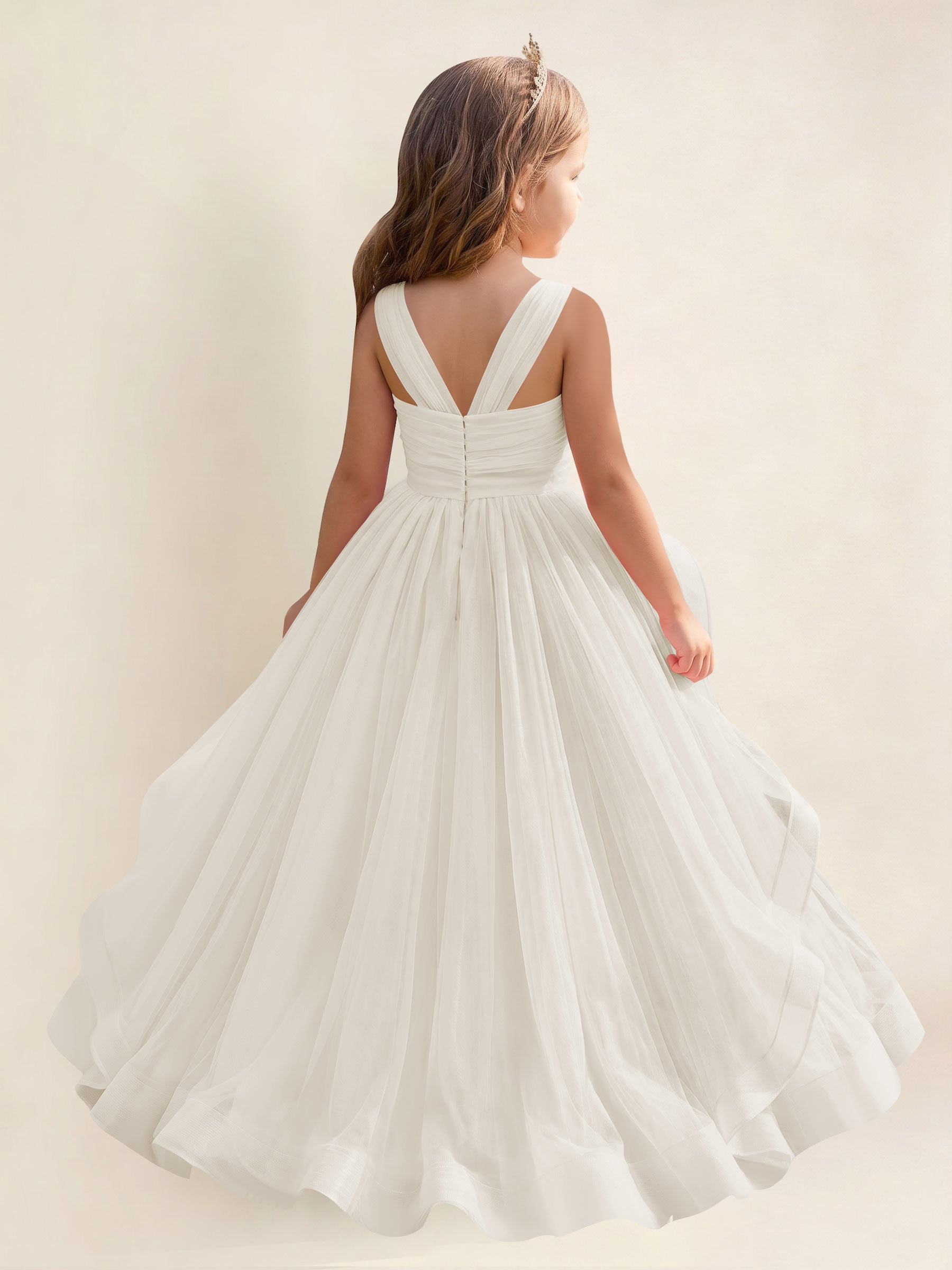 ROVDESY A-Line V-Neck Tulle Flower Girl Dress With Sleeveless Long Ball Gown Dress