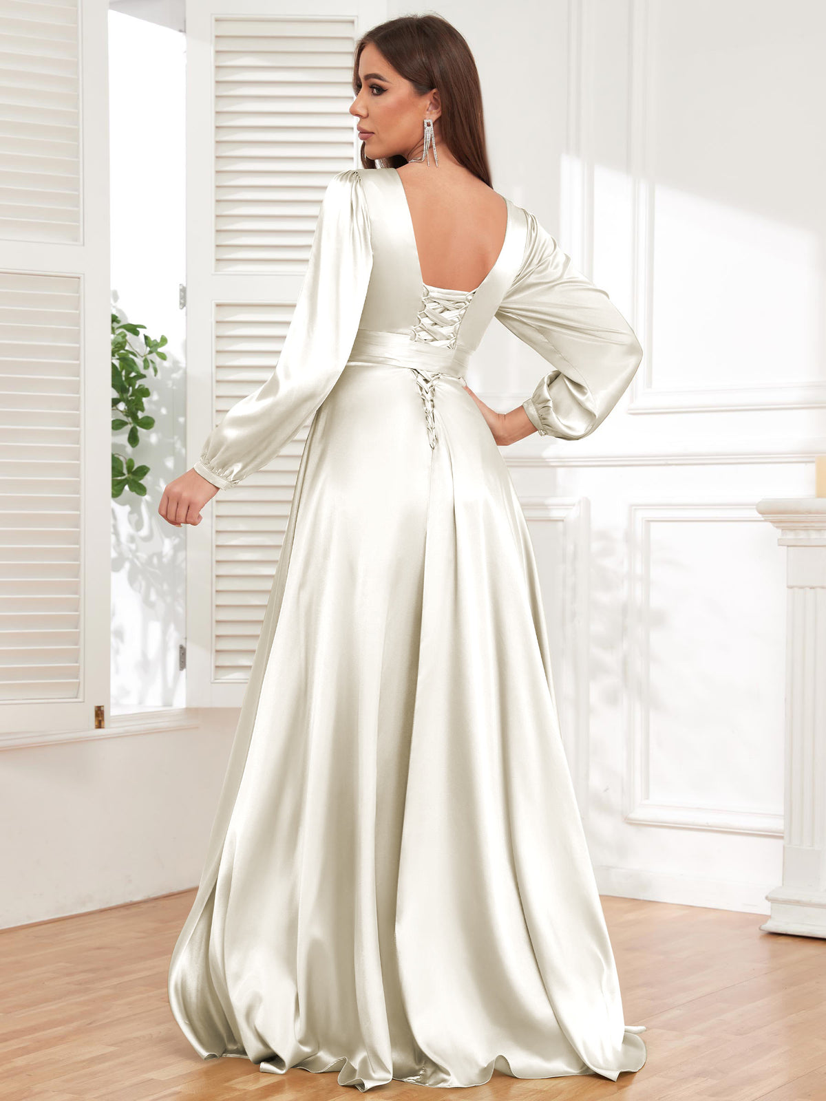 V Neck Satin Long Sleeve Bridesmaid Dress with Slit