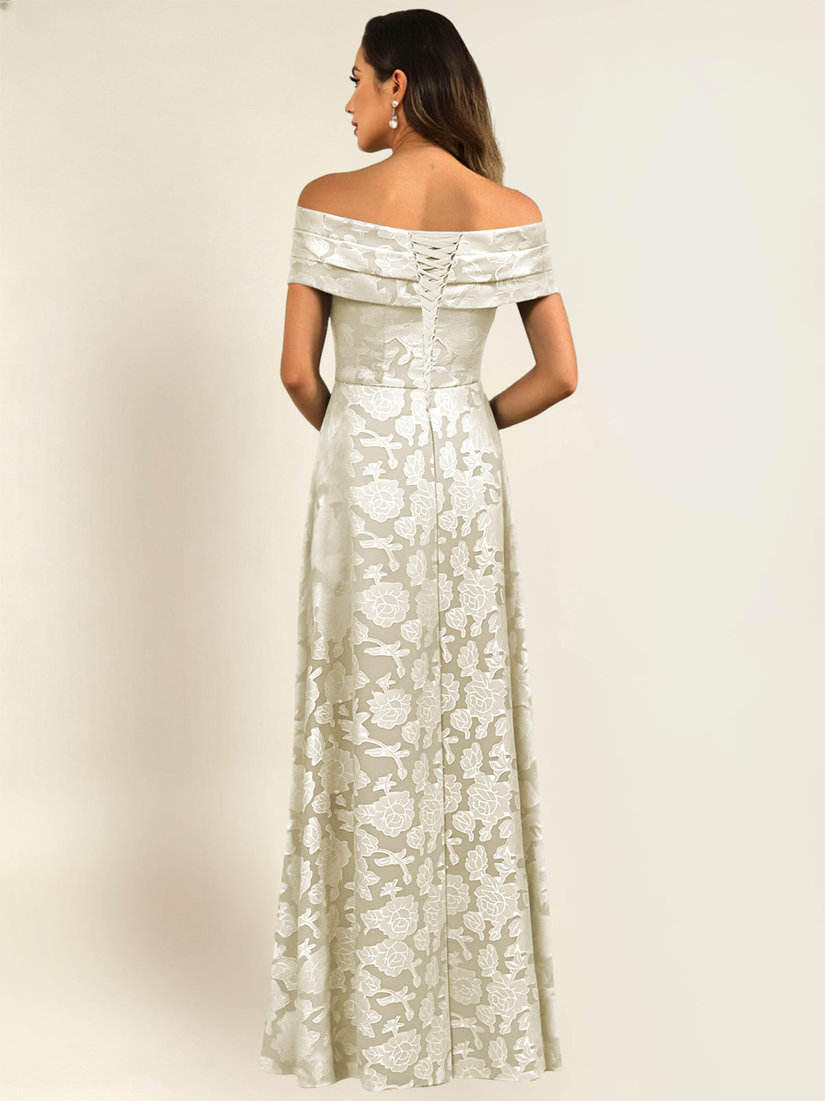 ROVDESY Off the Shoulder Floral Jacquard A-Line Long Mother of the Bride Dress