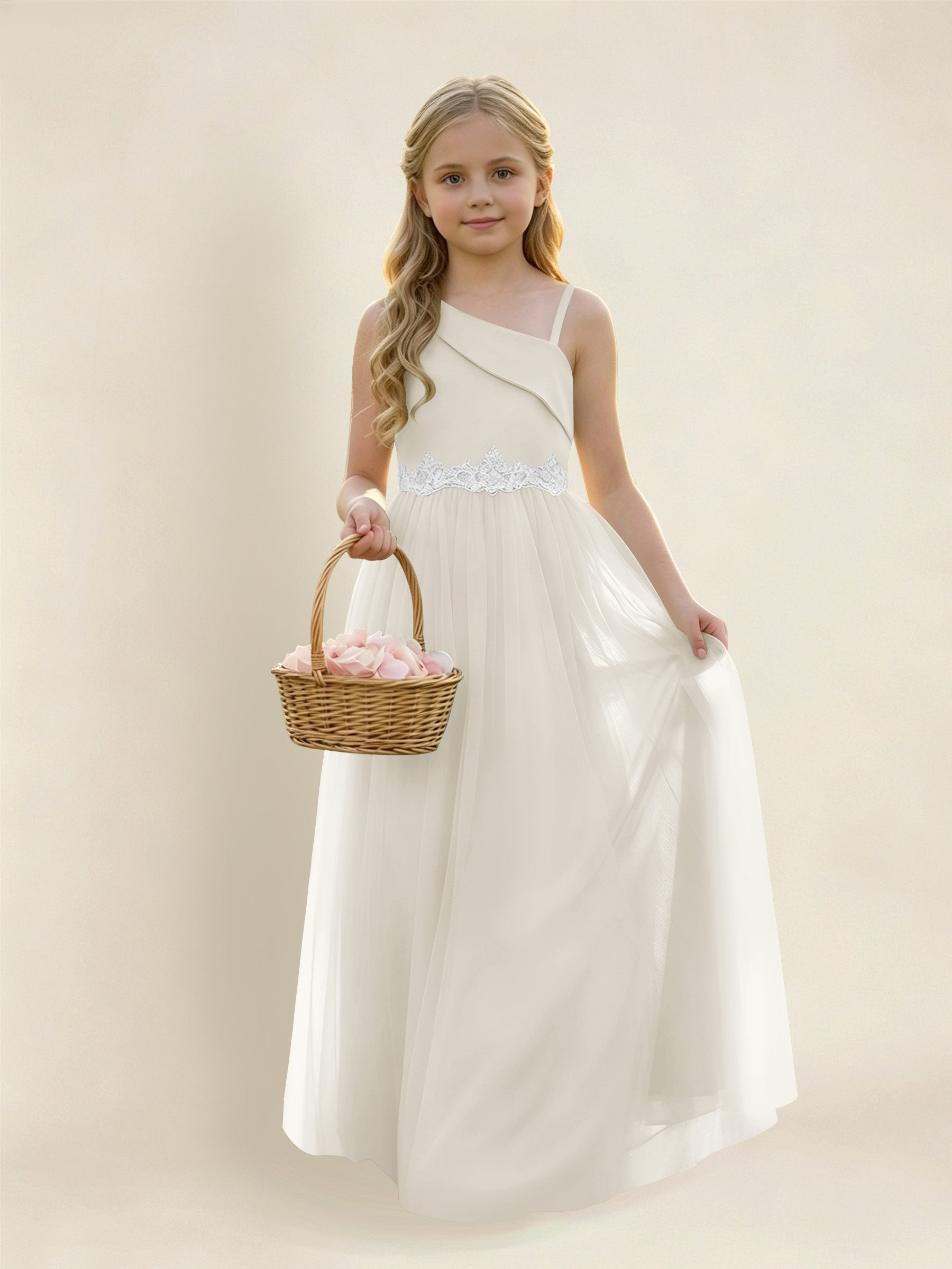 ROVDESY Asymmetric One Shoulder  Satin  Tulle Junior Bridesmaid Dress