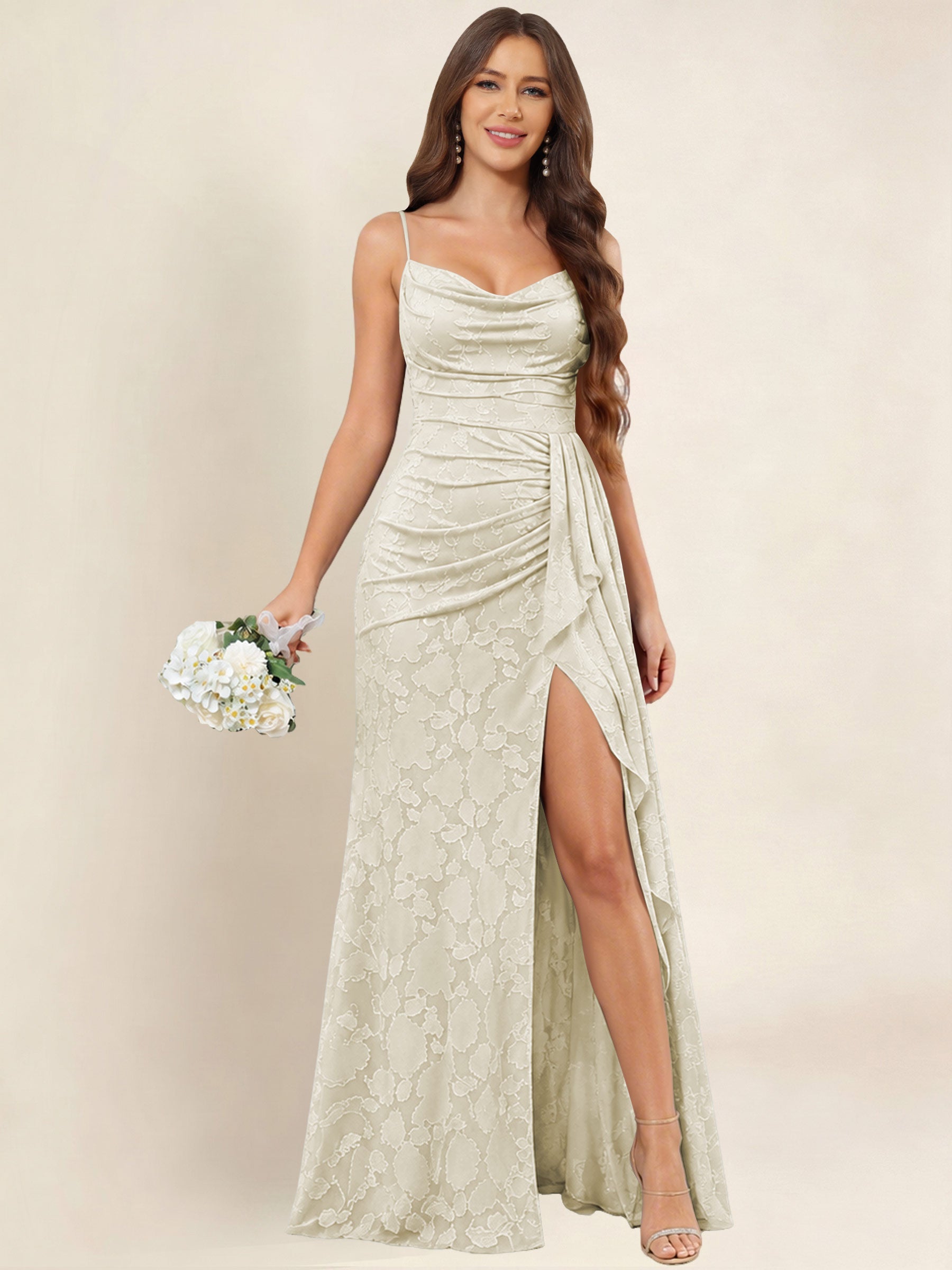 ROVDESY  Cowl Neck Ruffle Mermaid Chiffon Jacquard Bridesmaid/Prom Dress With Slit