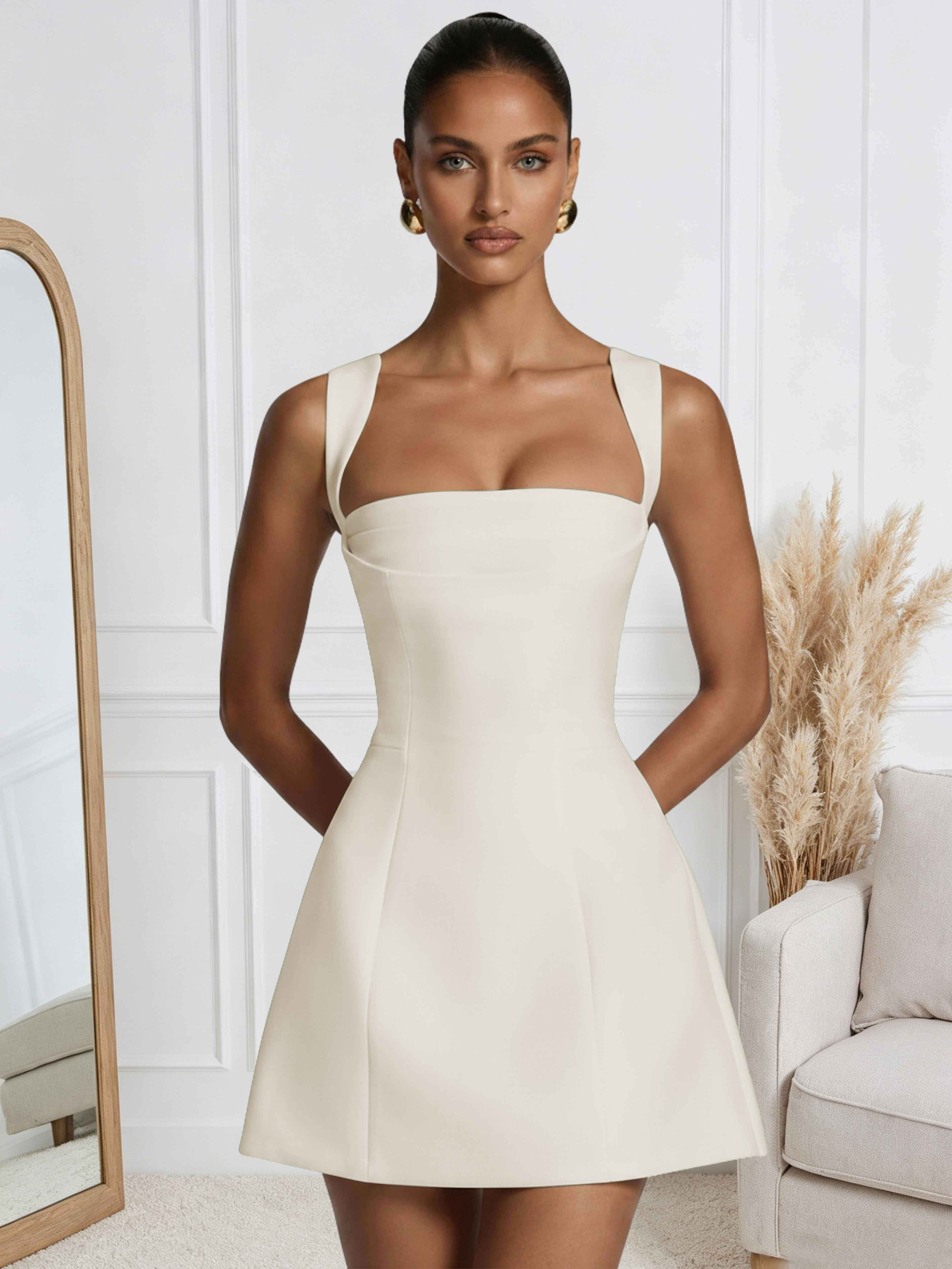 ROVDESY A-Line Square Neck Satin Homecoming Mini Dress