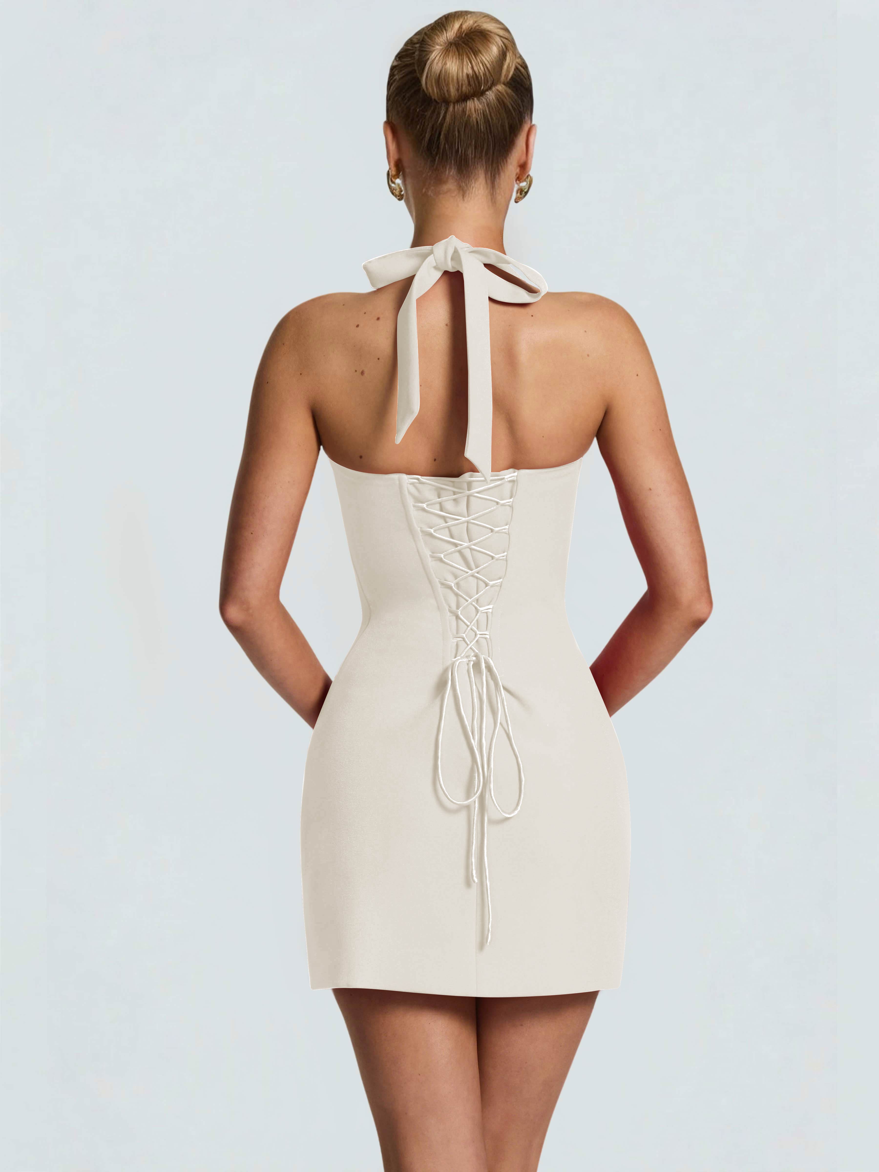 ROVDESY Halter Lace Satin Tight Homecoming Mini Dress
