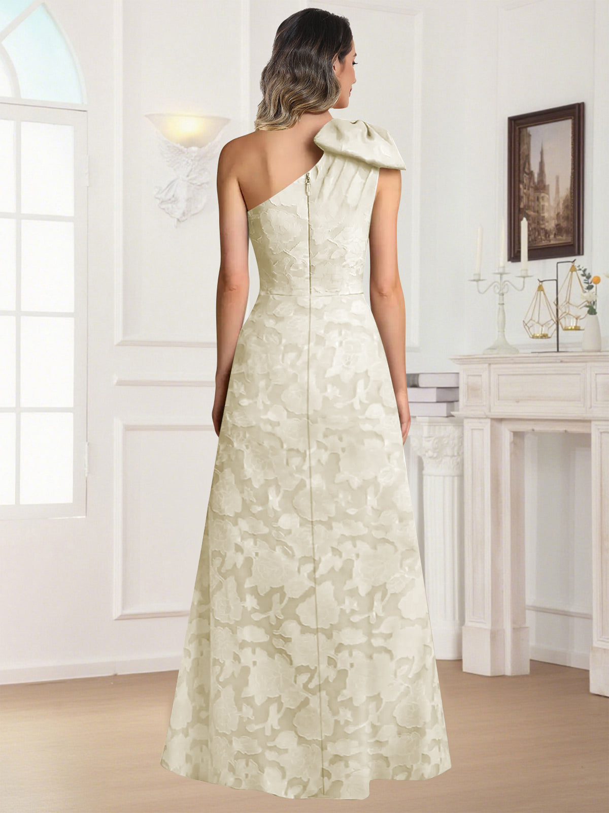 One Shoulder Floral Jacquard Mother of the Bride Dress