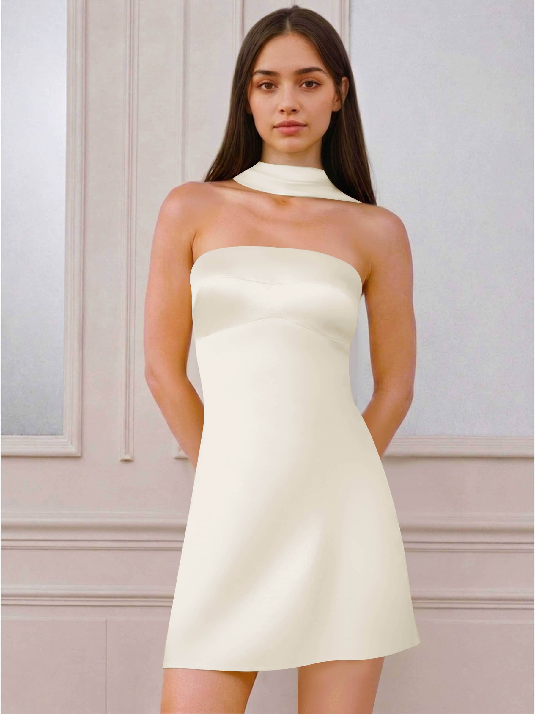 ROVDESY A-Line Halter Neck Satin Homecoming Mini Dress
