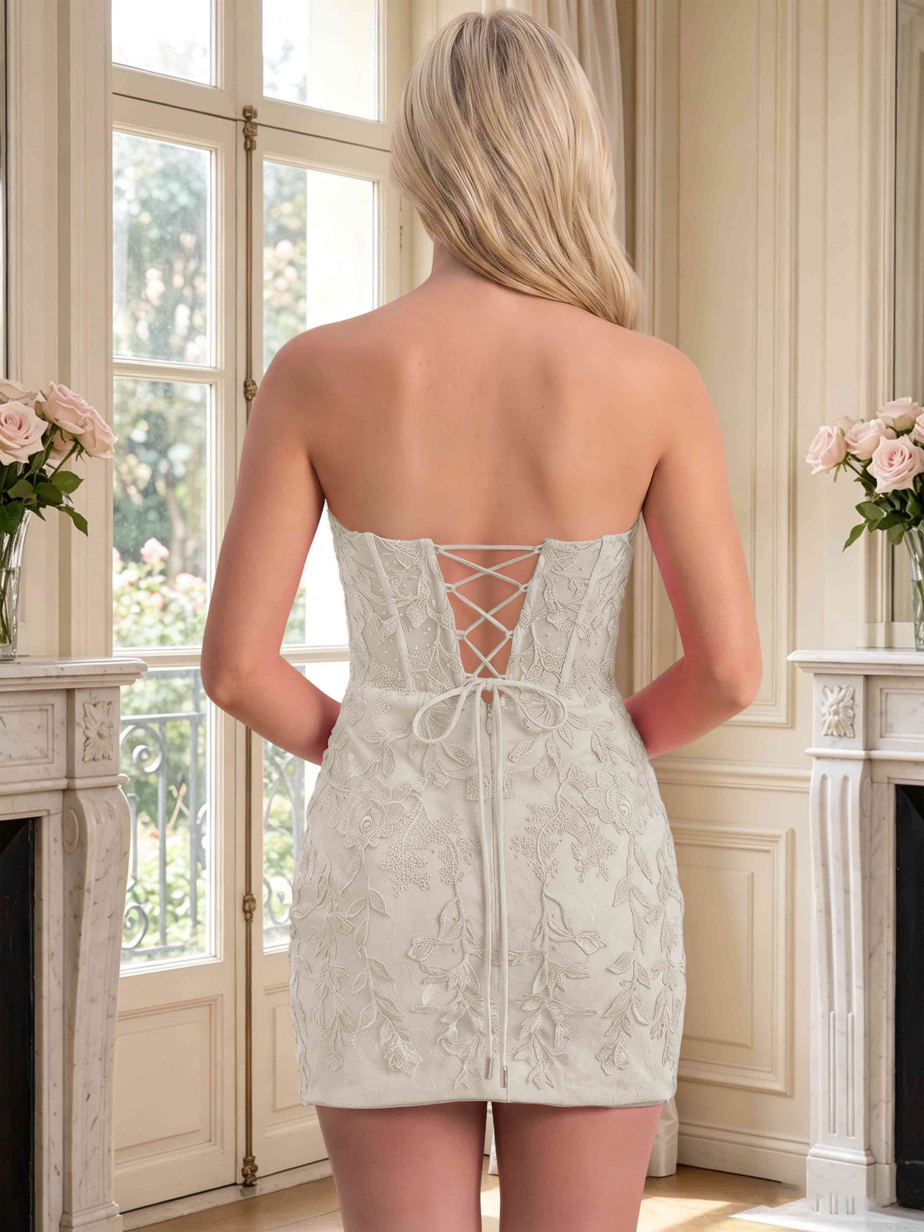 ROVDESY Strapless Sweetheart Floral Lace Tight Homecoming Mini Dress