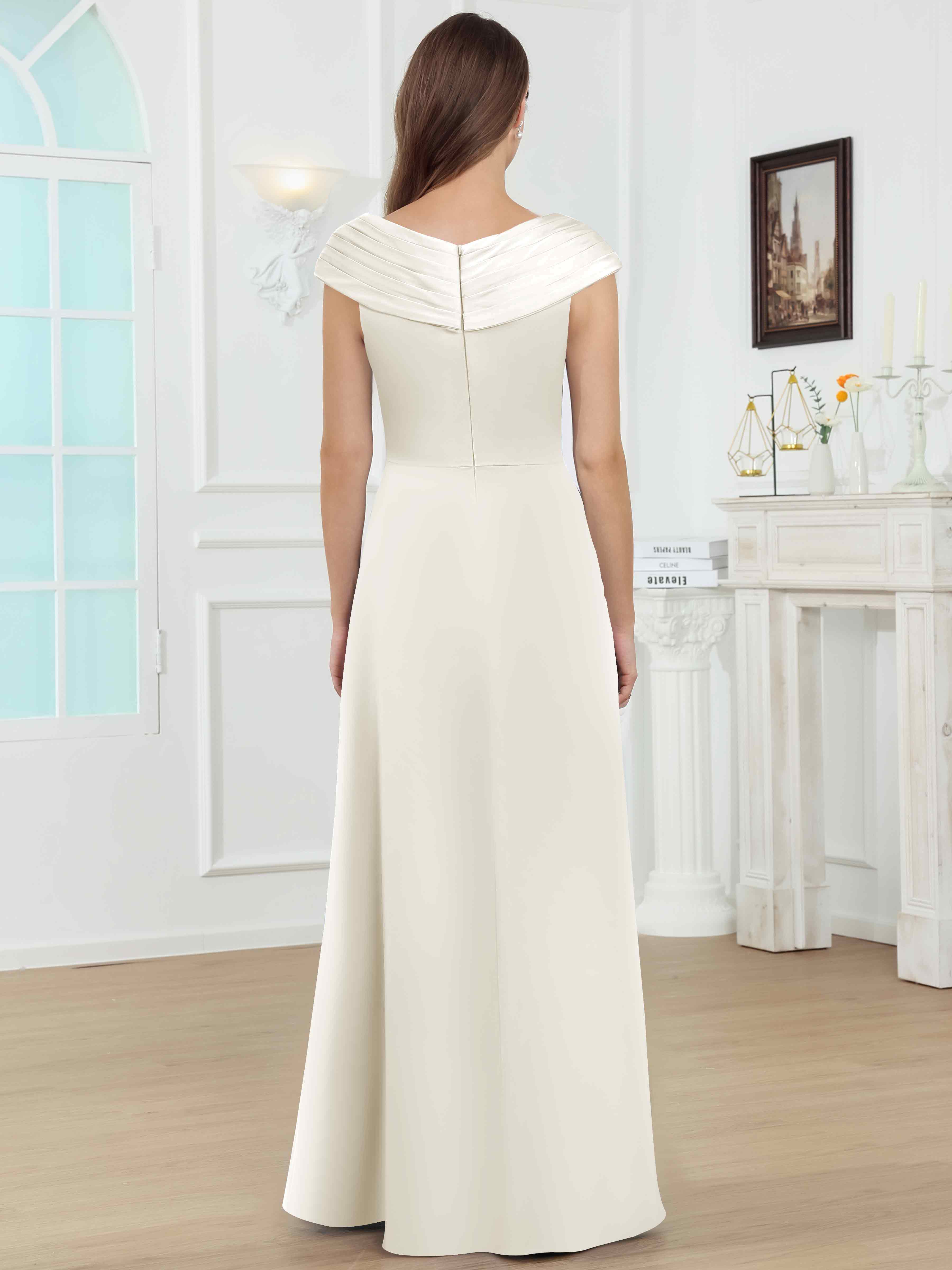ROVDESY V-Neck Off The Shoulder Pleated Satin Mother Of The Bride Dress With Slit