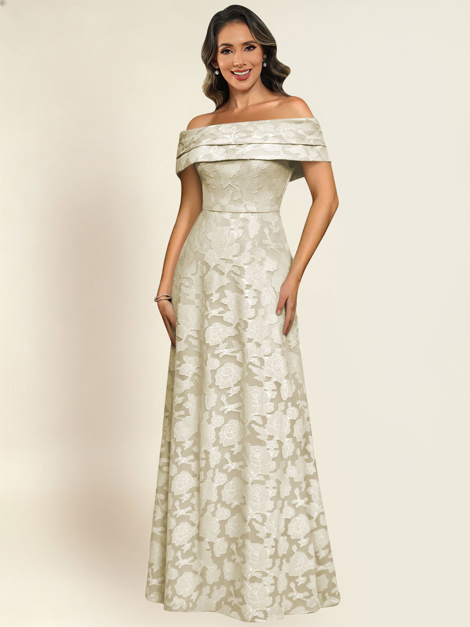 ROVDESY Off the Shoulder Floral Jacquard A-Line Long Mother of the Bride Dress