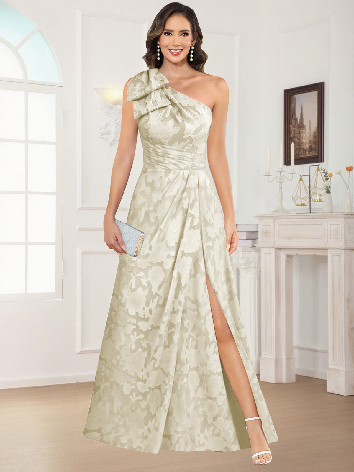 One Shoulder Floral Jacquard Mother of the Bride Dress