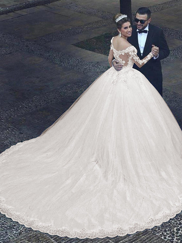 Off The Shoulder Long Sleeve Lace Appliques Ball Gown Wedding Dress with Cathedral Train