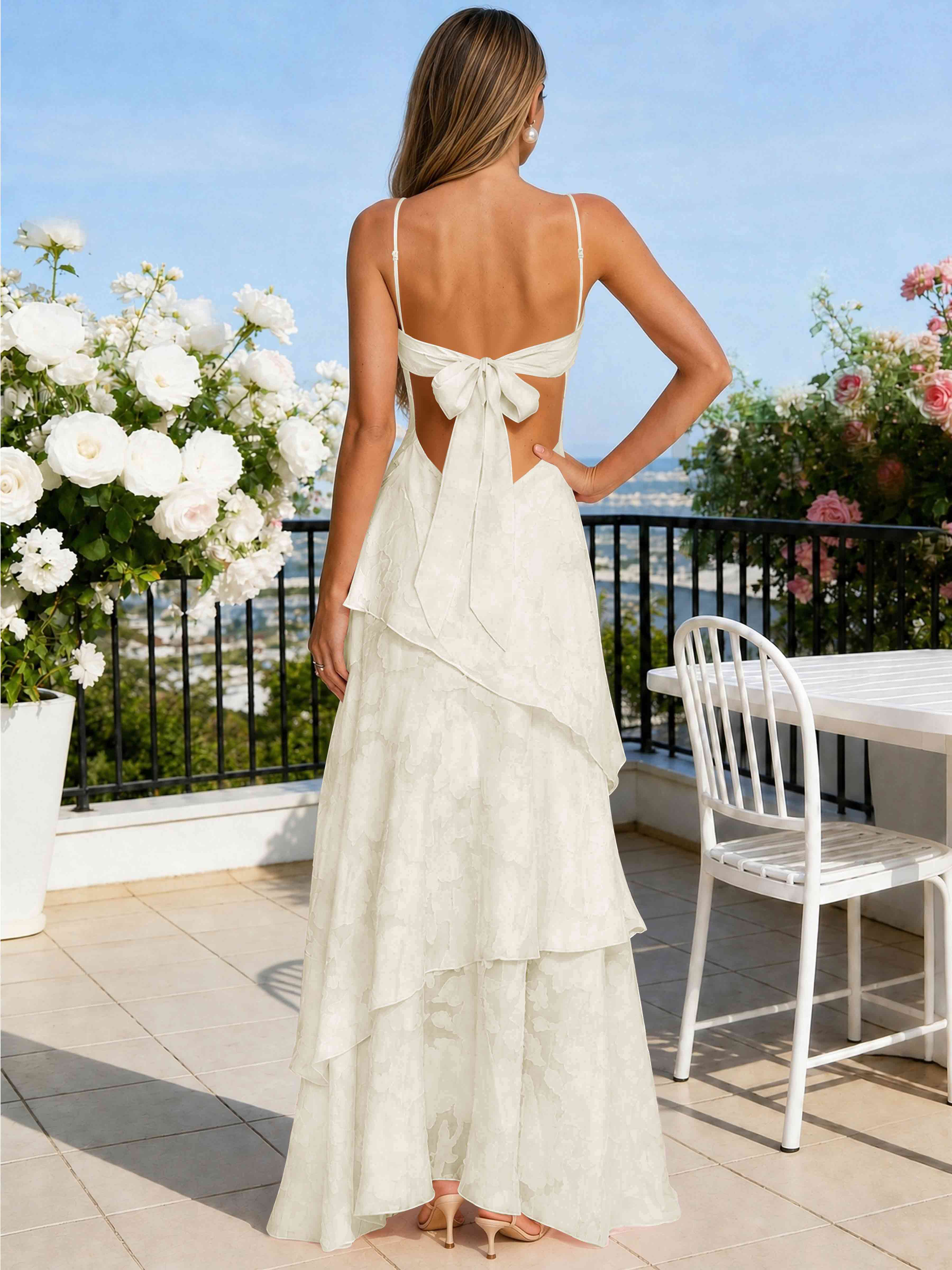 ROVDESY Spaghetti Strap V-Neck Chiffon Jacquard Tiered Ruffle Long Bridesmaid/Prom Dress