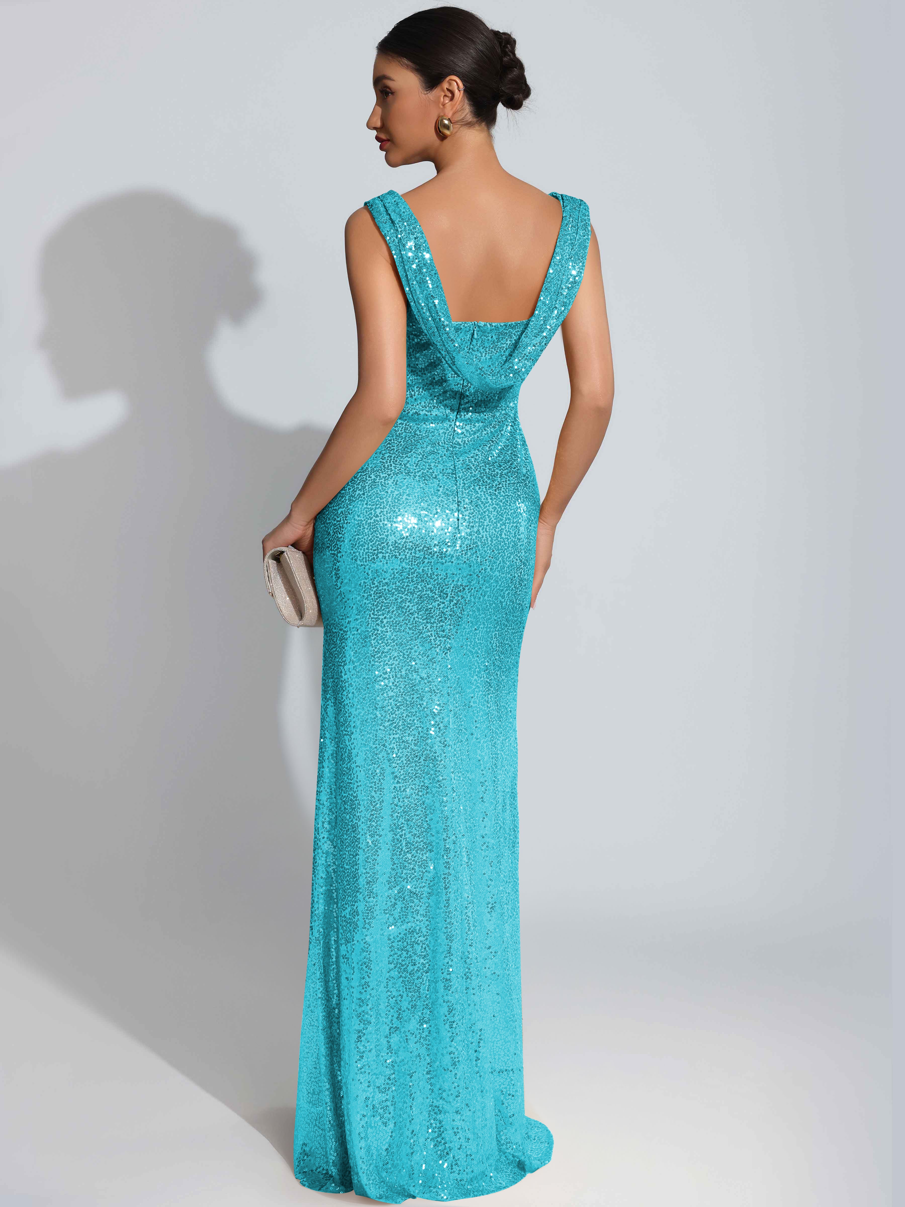 ROVDESY Sparkly Bateau Mermaid Ruched Sequin Long Prom Dress with Slit