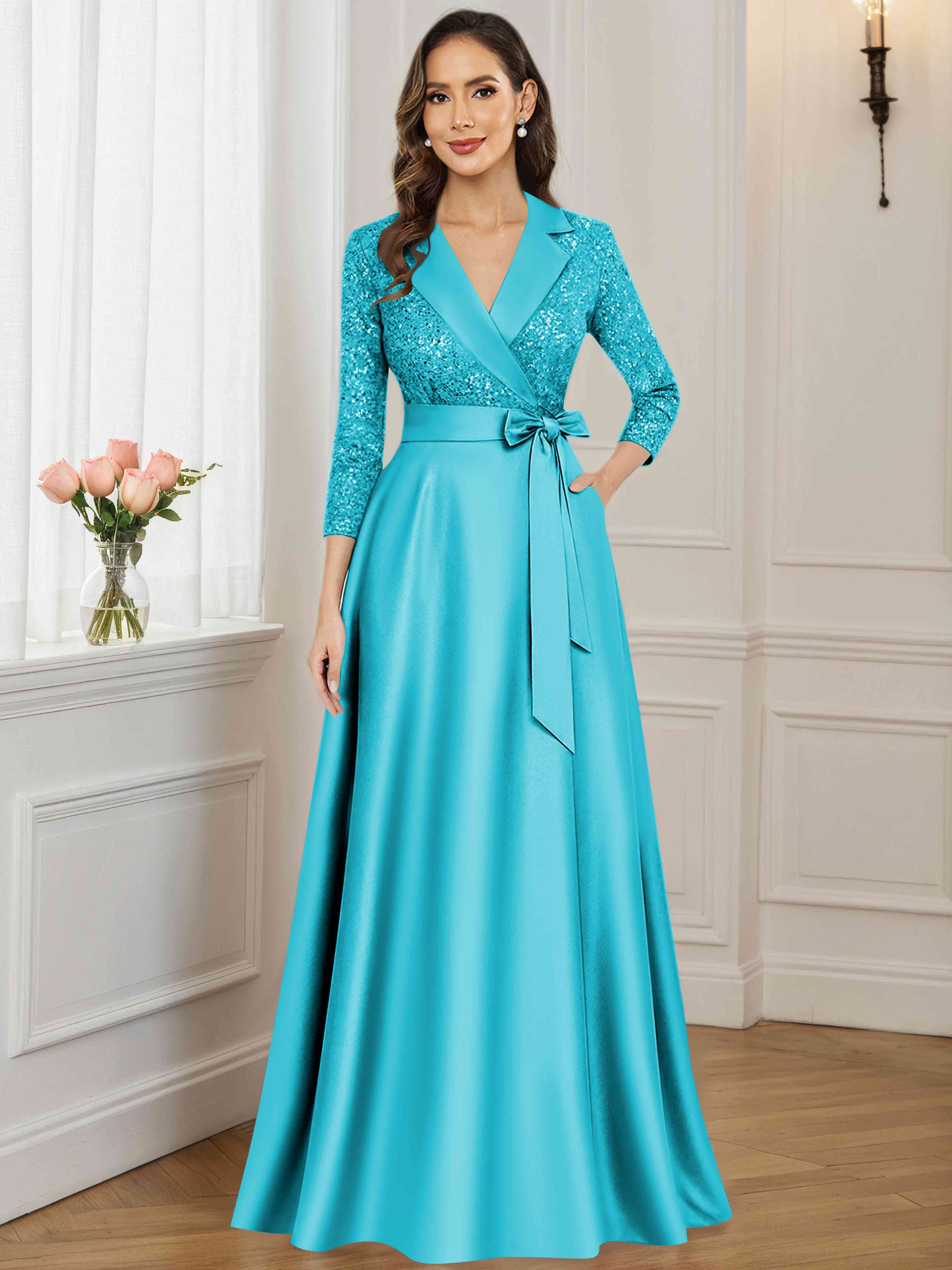 ROVDESY A-Line V Neck Sequin Satin  Long Mother of The Bride Dress Formal Gown With 3/4 Sleeves