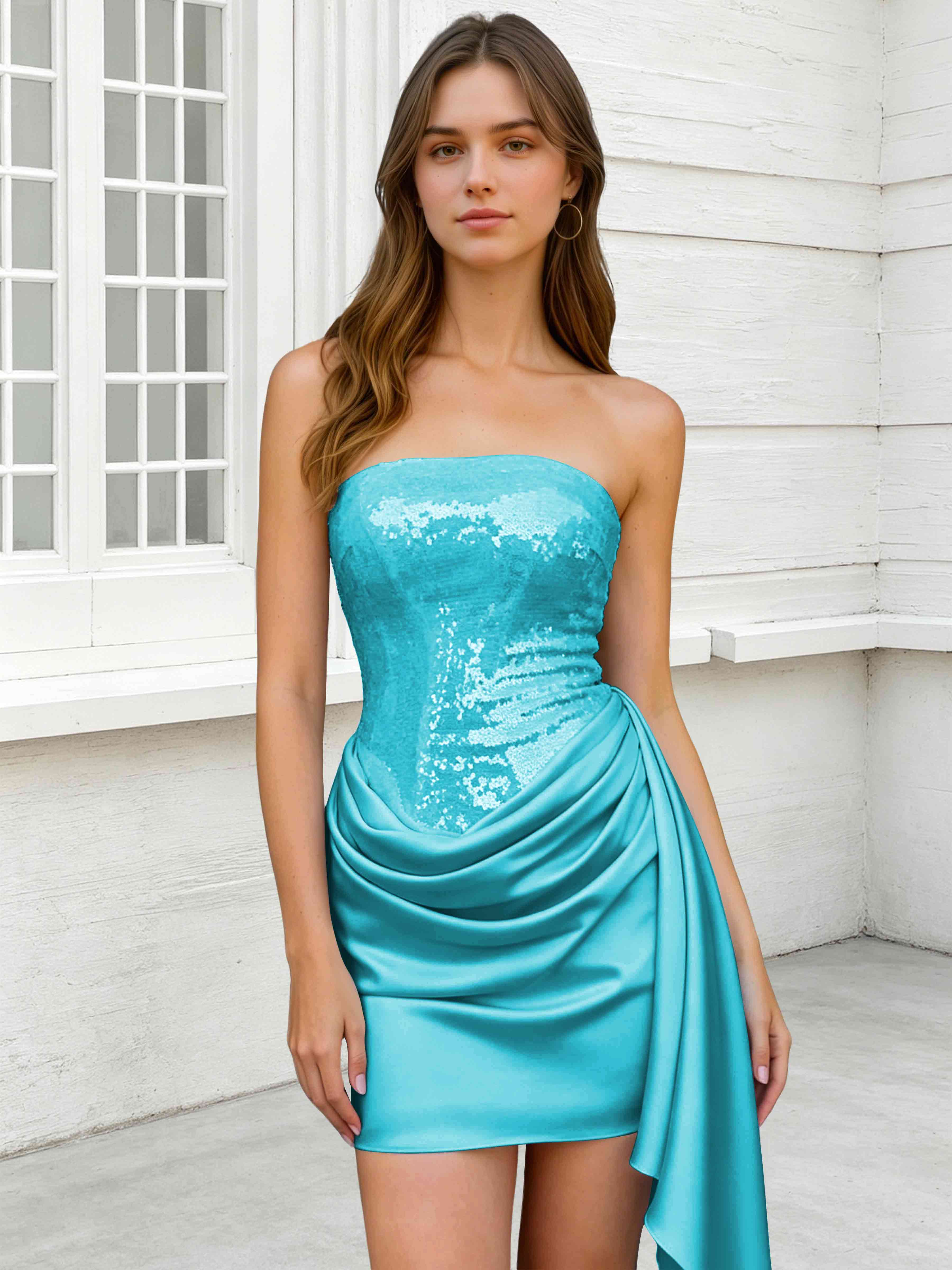 ROVDES Strapless Sequin Satin Tight Homecoming Mini Dress With Side Sash