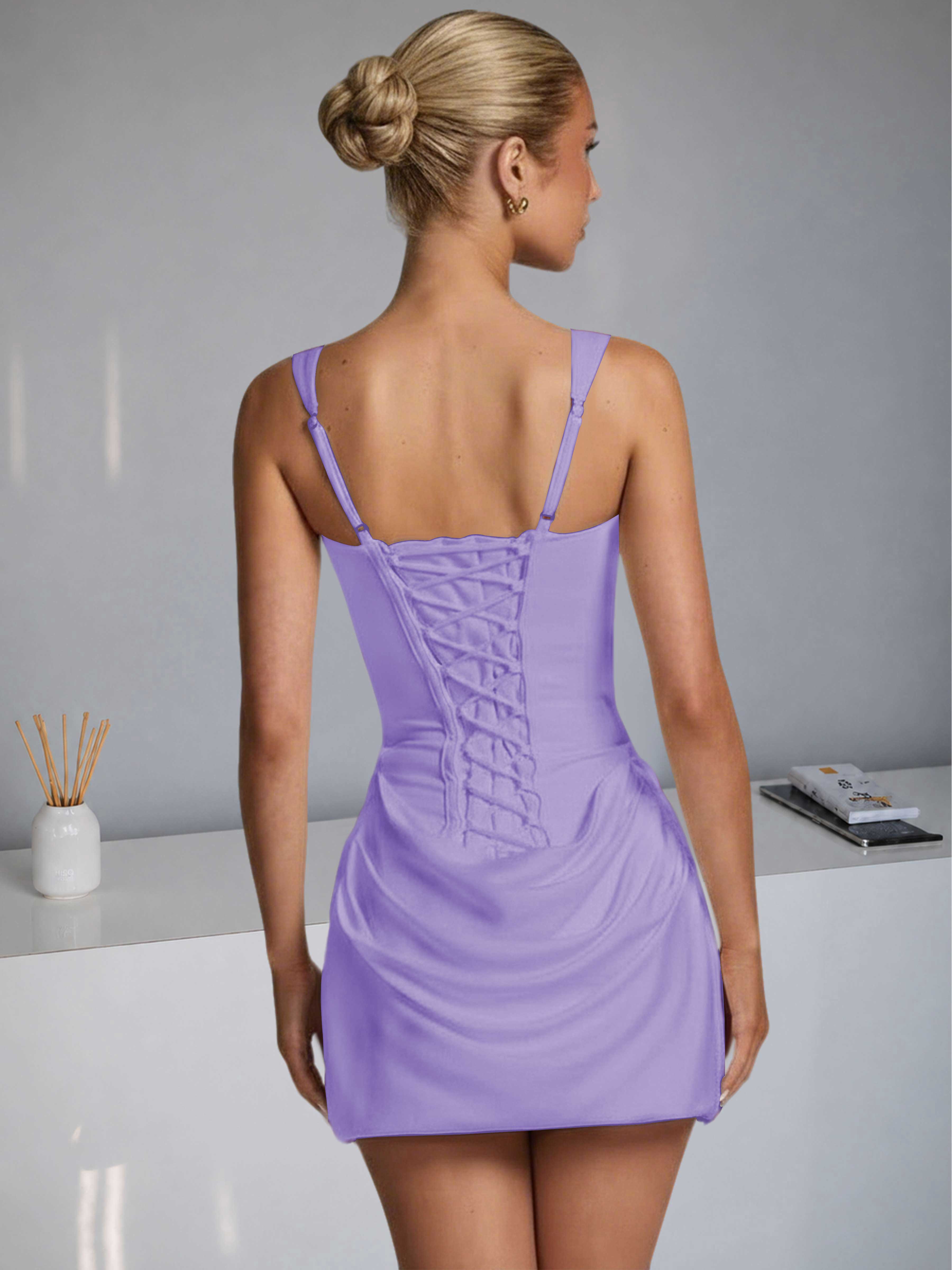 ROVDESY Square Neck Ruched Satin Homecoming Mini Dress